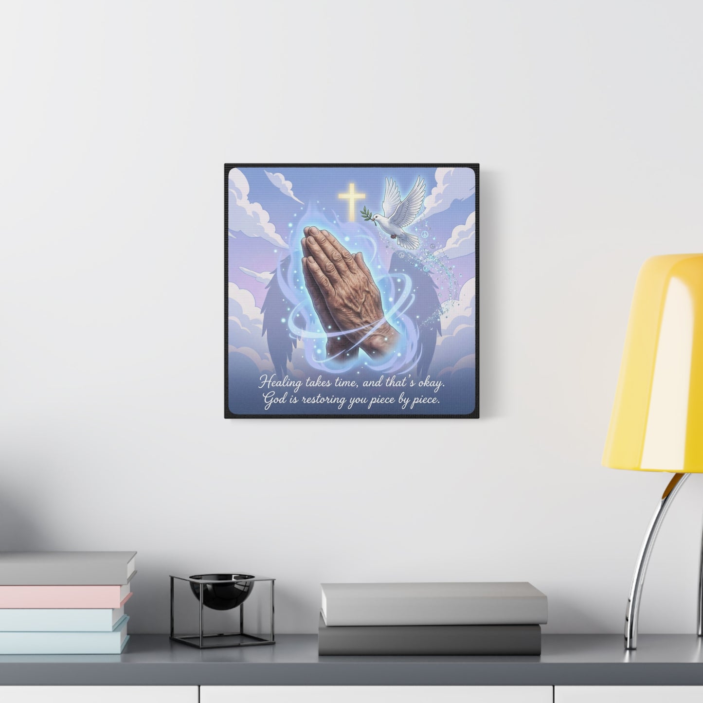 "Healing Takes Time, And That’s Okay. God Is Restoring You Piece By Piece." Christian Canvas Wall Art - Praying Hands, Dove, Cross - Faith Inspired Blue Sky Decor - Bedroom Living Room Office