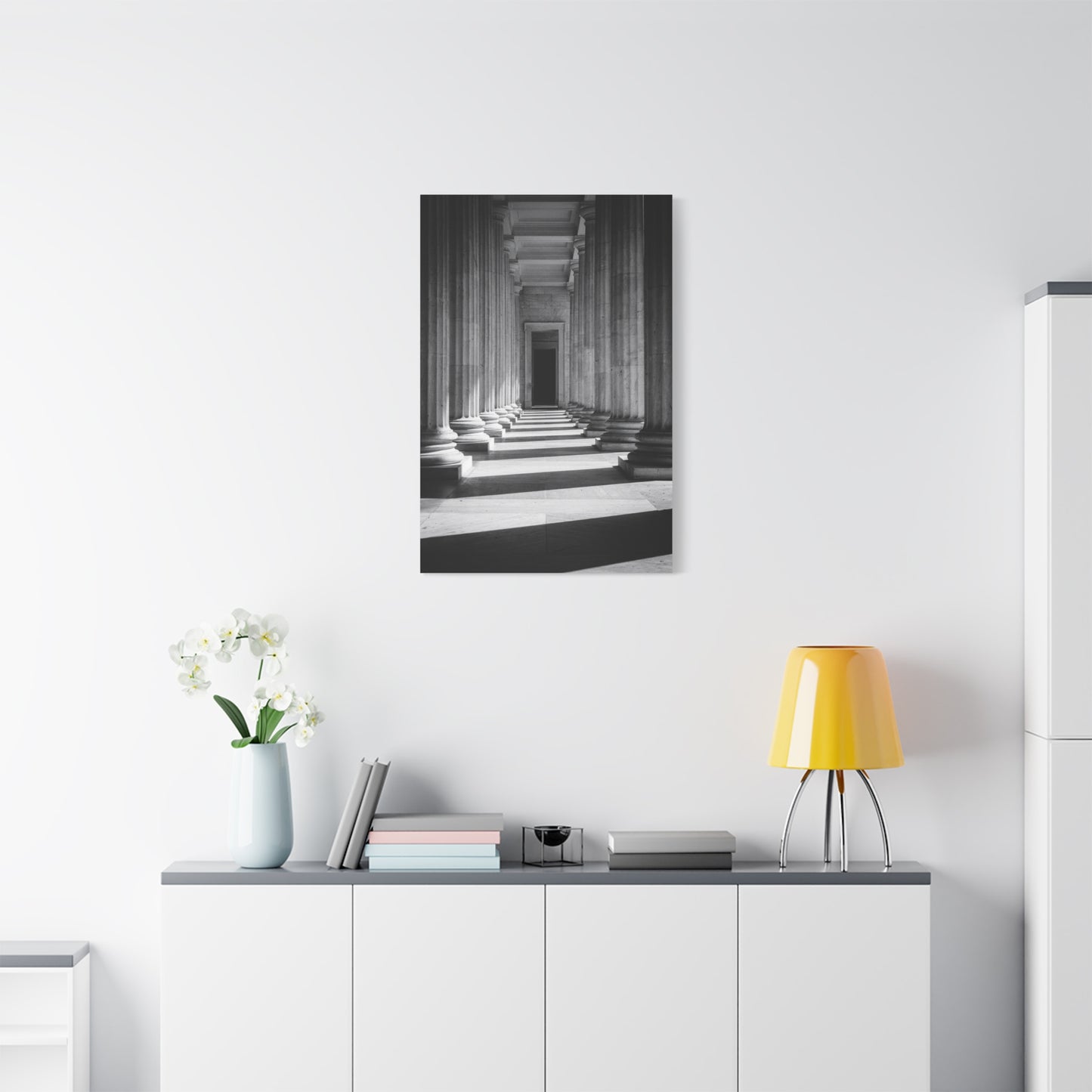 Black And White Classical Column Hallway Canvas Wall Decor - Architectural Art Print, Dramatic Light And Shadow, Minimalist Interior Accent - Living Room Decoration Office Display