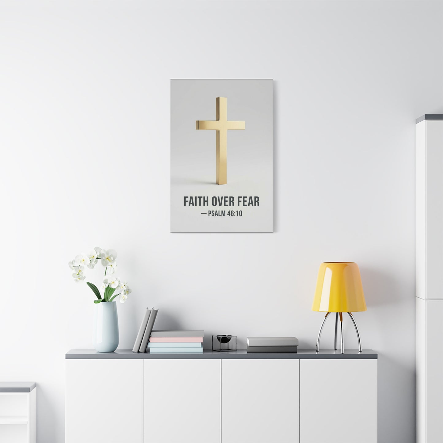 "Faith Over Fear" Psalm 46:10 Cross Canvas Wall Art - Gold Christian Scripture Print, Minimalist Religious Wall Decor - Modern Bedroom Home Decoration - Bedroom Home Decoration - Cozy Reading Nook Art