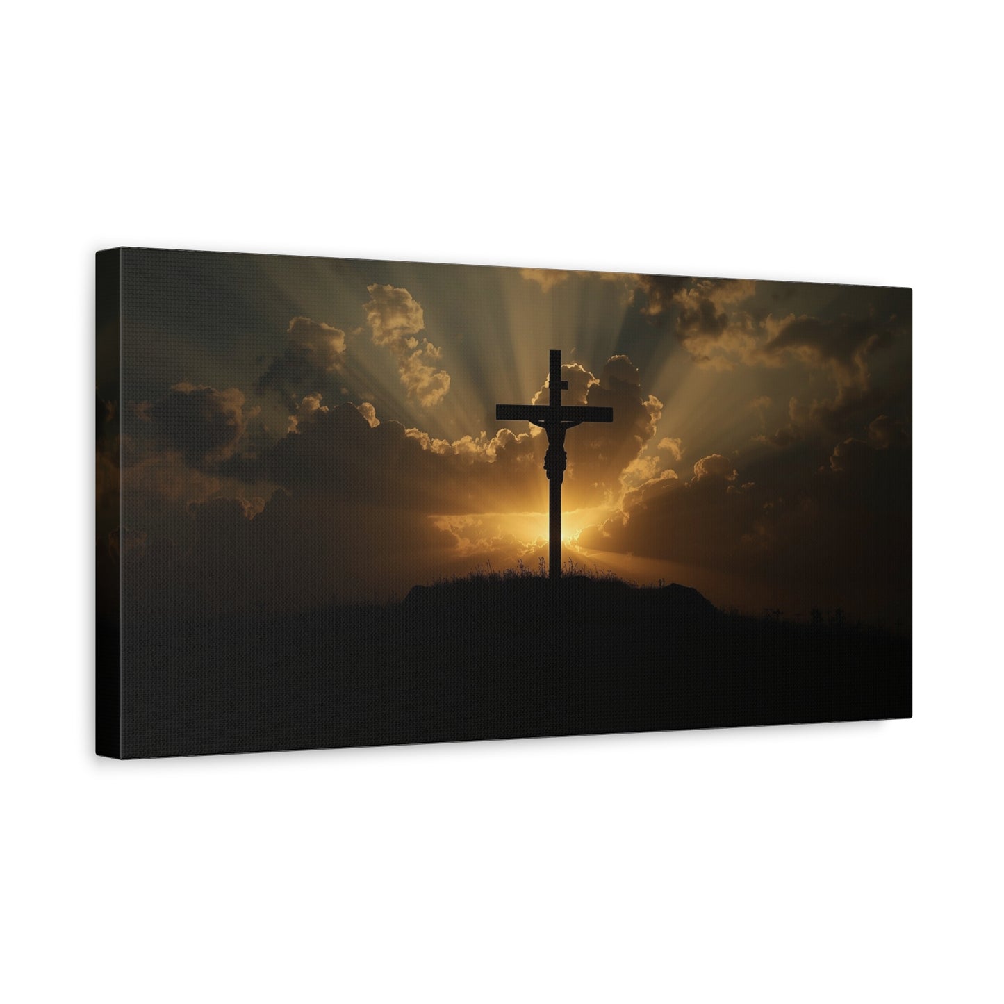 Jesus Christ Crucifix Canvas Wall Art - Sunset Cross Silhouette, Golden Sky Rays - Matte Cotton Print - Religious Christian Decor For Living Room, Bedroom, Office Wall Display - Modern Farmhouse Style
