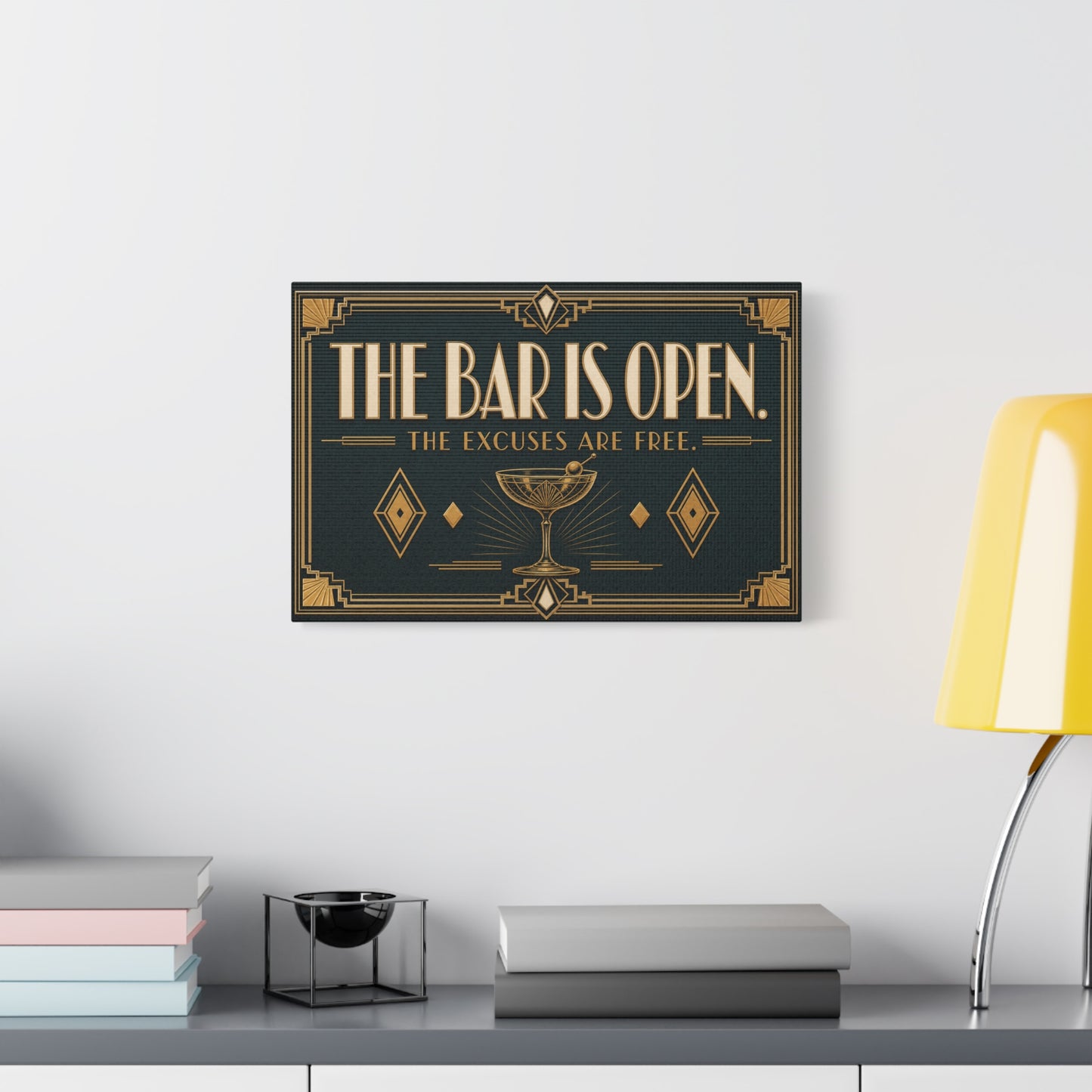 "The Bar Is Open. The Excuses Are Free." Art Deco Canvas Wall Art - Cocktail Lounge Quote Print, Vintage Bar Cart Decor, Speakeasy Style - Ready to Hang - Tavern Wall Decor - Speakeasy Style Sign