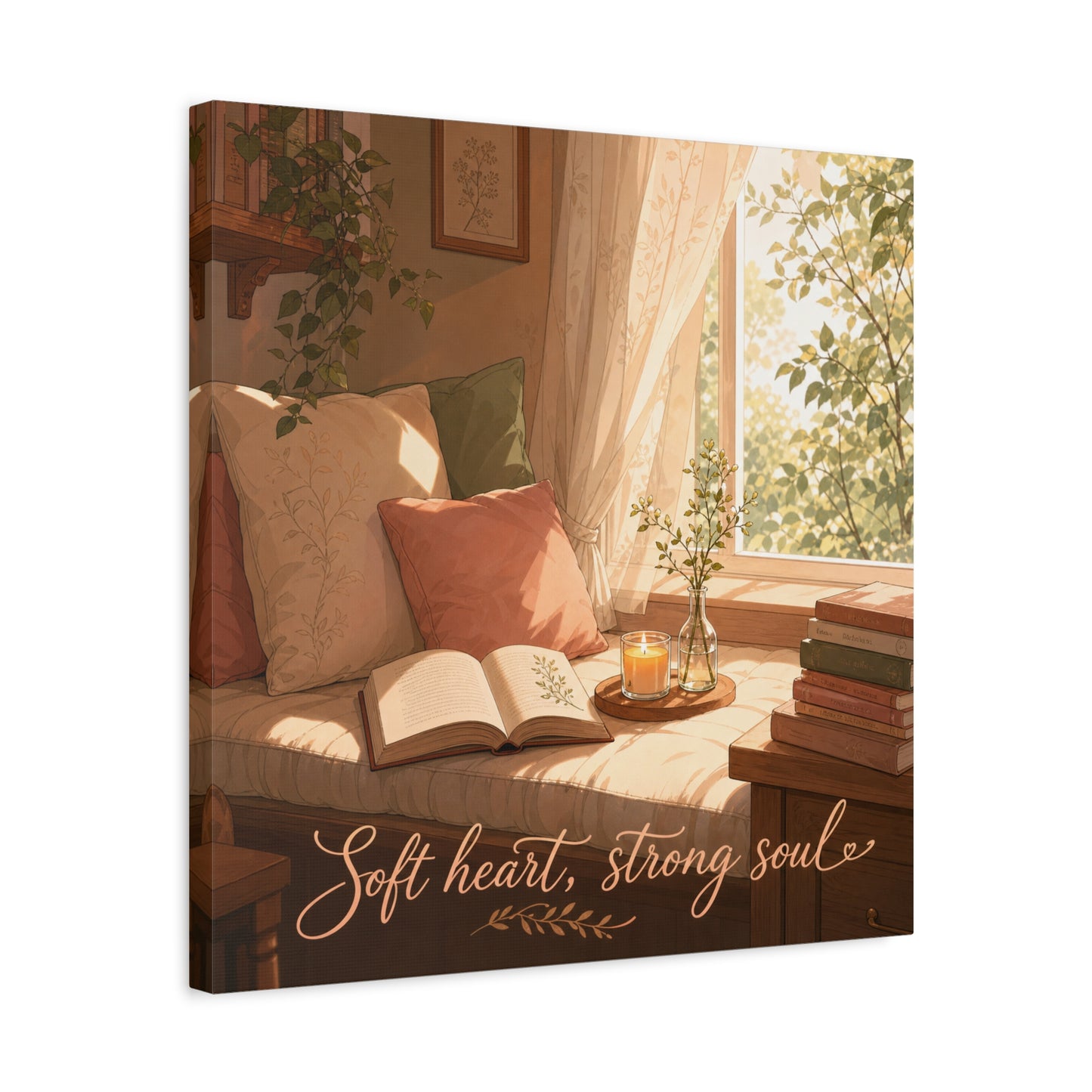 "Soft Heart, Strong Soul" Reading Nook Canvas Wall Art - Sunlit Window Seat, Books, Candle, Botanical Bedroom Decor - Cozy Cottagecore Style - Living Room Wall Decor - Bedroom Home Decoration