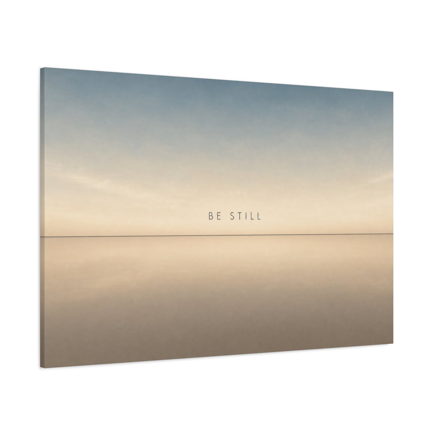 "Be Still" Minimalist Canvas Wall Art - Serene Horizon Typography Print, Neutral Blue Beige Coastal Style - Bedroom Wall Decor, Meditation Space Home Decoration - Ready to Hang - Cozy Reading Nook Art