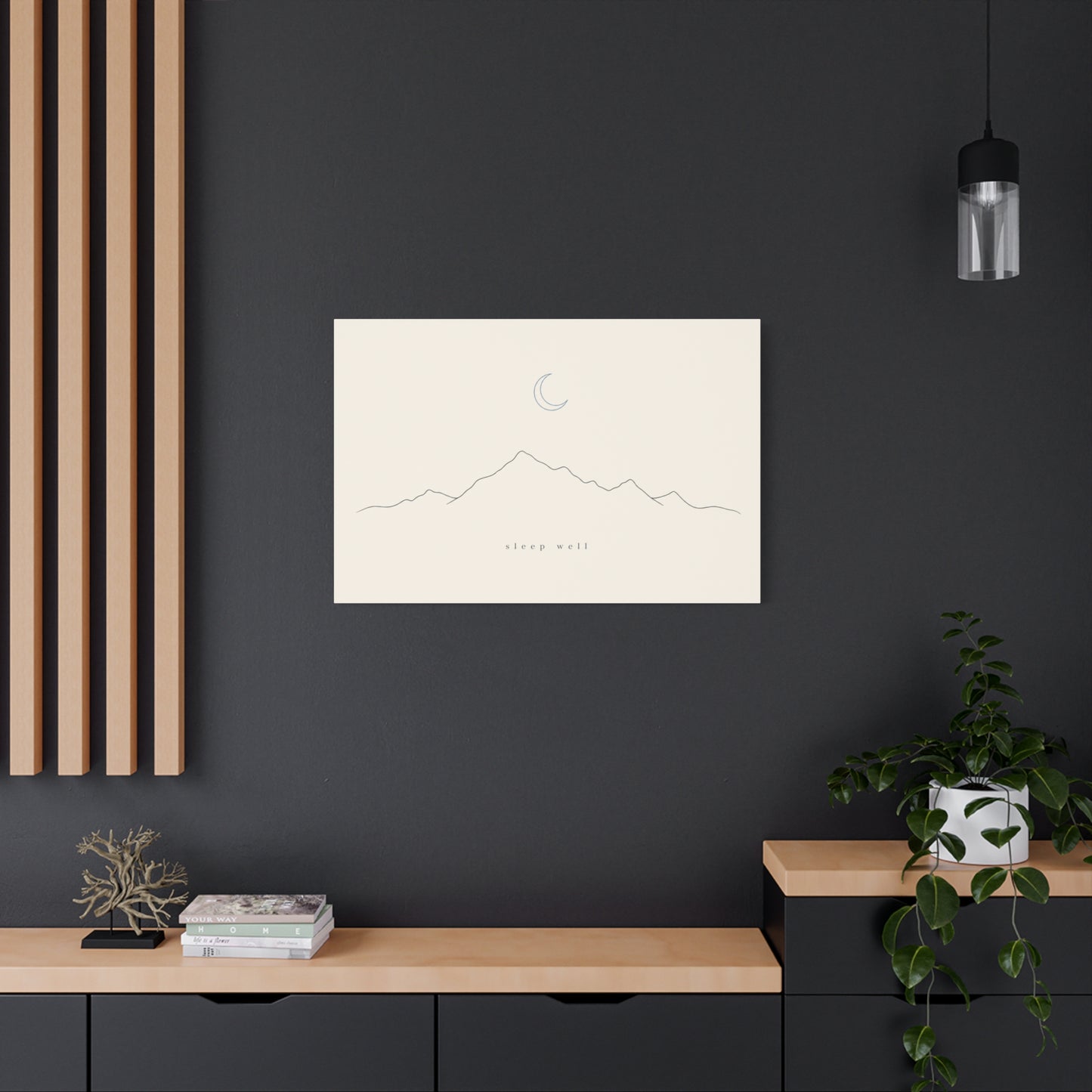 "Sleep Well" Minimalist Mountain Canvas Wall Art - Crescent Moon Line Drawing, Neutral Beige Canvas Print - Modern Bedroom Wall Decor, Nursery Home Decoration, Meditation Space - Ready to Hang