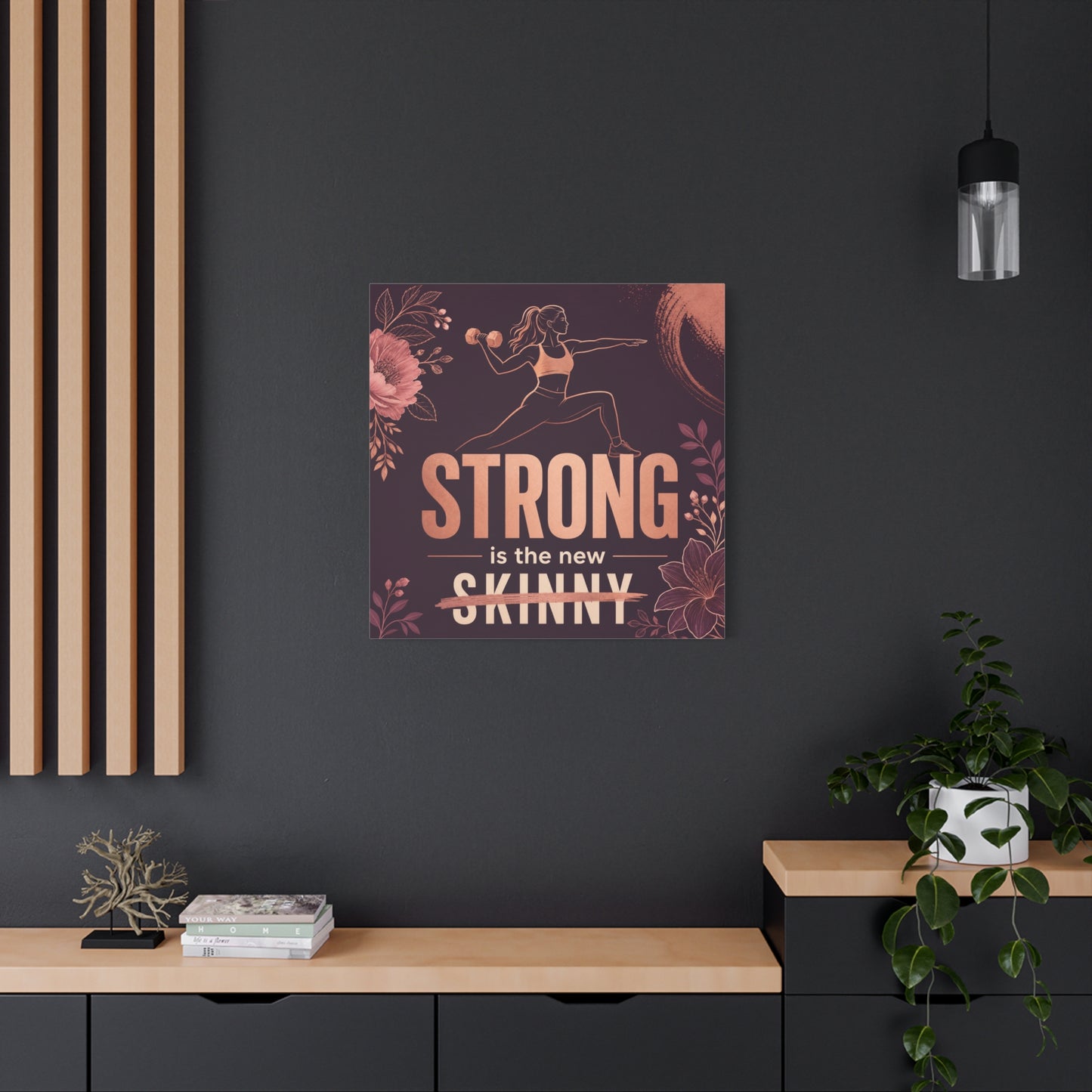 "Strong Is The New Skinny" Fitness Canvas Wall Art - Woman With Dumbbell Floral Quote Print - Rose Gold Motivational Decor - Modern Bedroom Wall Decor - Bedroom Home Decoration - Cozy Reading Nook Art