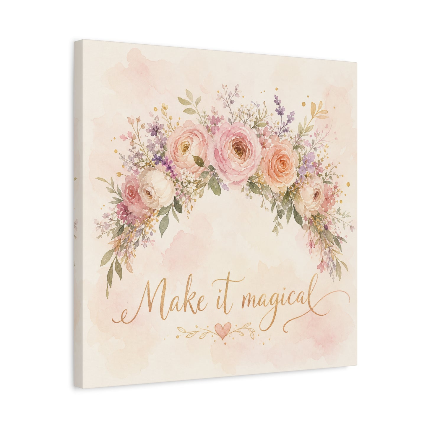 "Make It Magical" Floral Canvas Wall Art - Blush Rose Watercolor Quote Print, Pink Botanical Home Decor, Girls Bedroom Wall Decoration, Nursery Accent, Bohemian Living Room Style - Ready to Hang