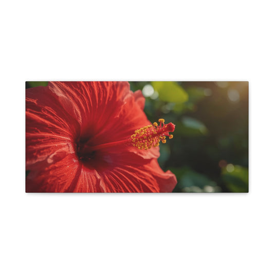 Red Hibiscus Flower Canvas Wall Art - Tropical Floral Botanical Art Print, Warm Sunlit Petals, Matte Cotton Canvas, Contemporary Nature Decor For Bedroom Living Room Office - Living Room Wall Decor