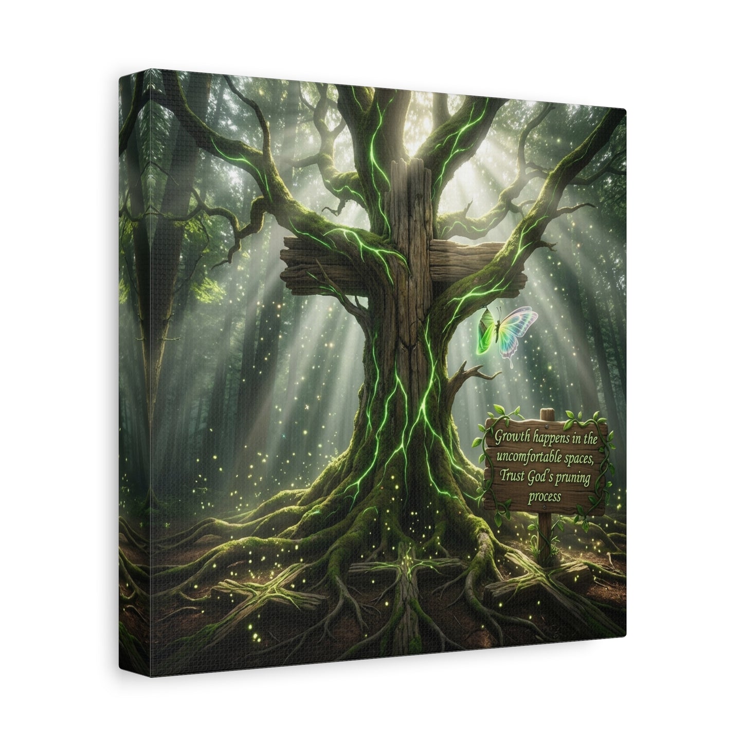 "Growth Happens In The Uncomfortable Spaces, Trust God's Pruning Process" Christian Canvas Wall Art - Forest Tree Cross, Butterfly - Inspirational Rustic Decor - Living Room Wall Decor - Ready to Hang