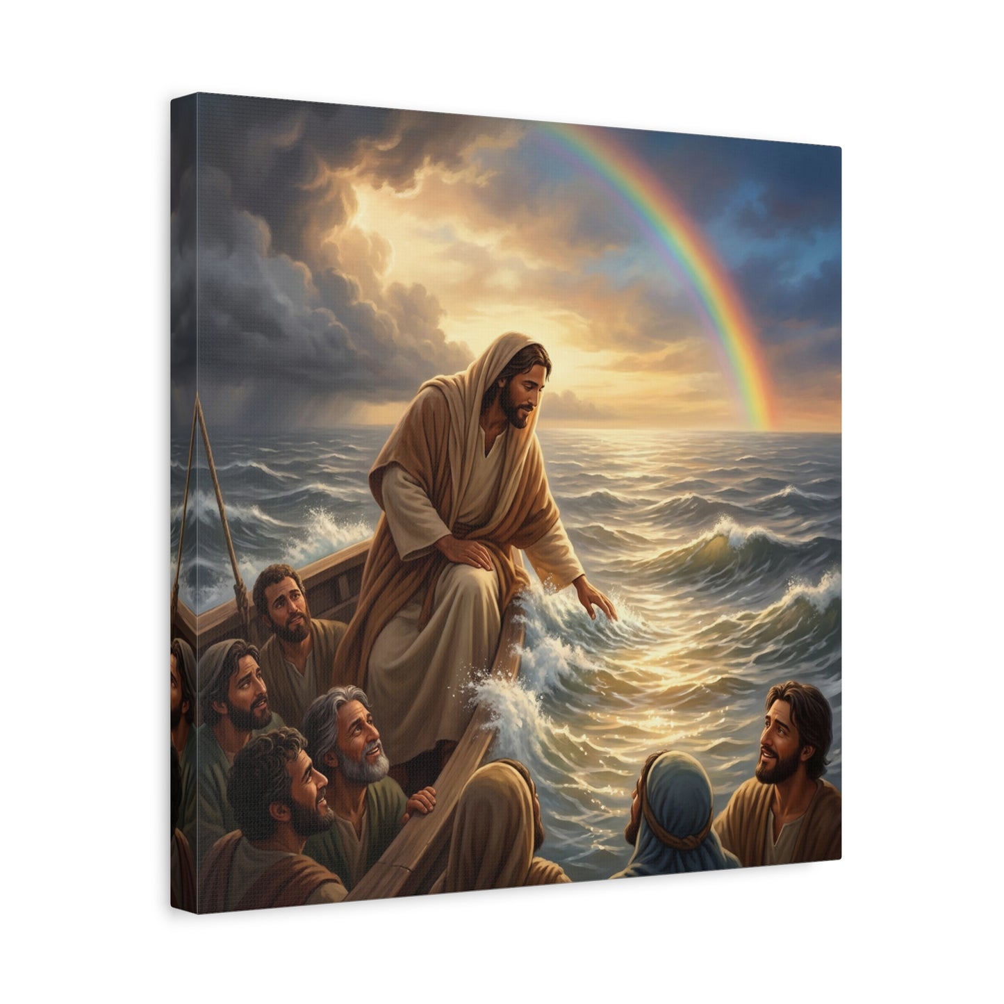 Jesus Christ Walking On Water Canvas Wall Art - Rainbow Over Stormy Sea, Disciples In Boat - Matte Cotton Print - Traditional Religious Style - Living Room Wall Decor - Bedroom Home Decoration