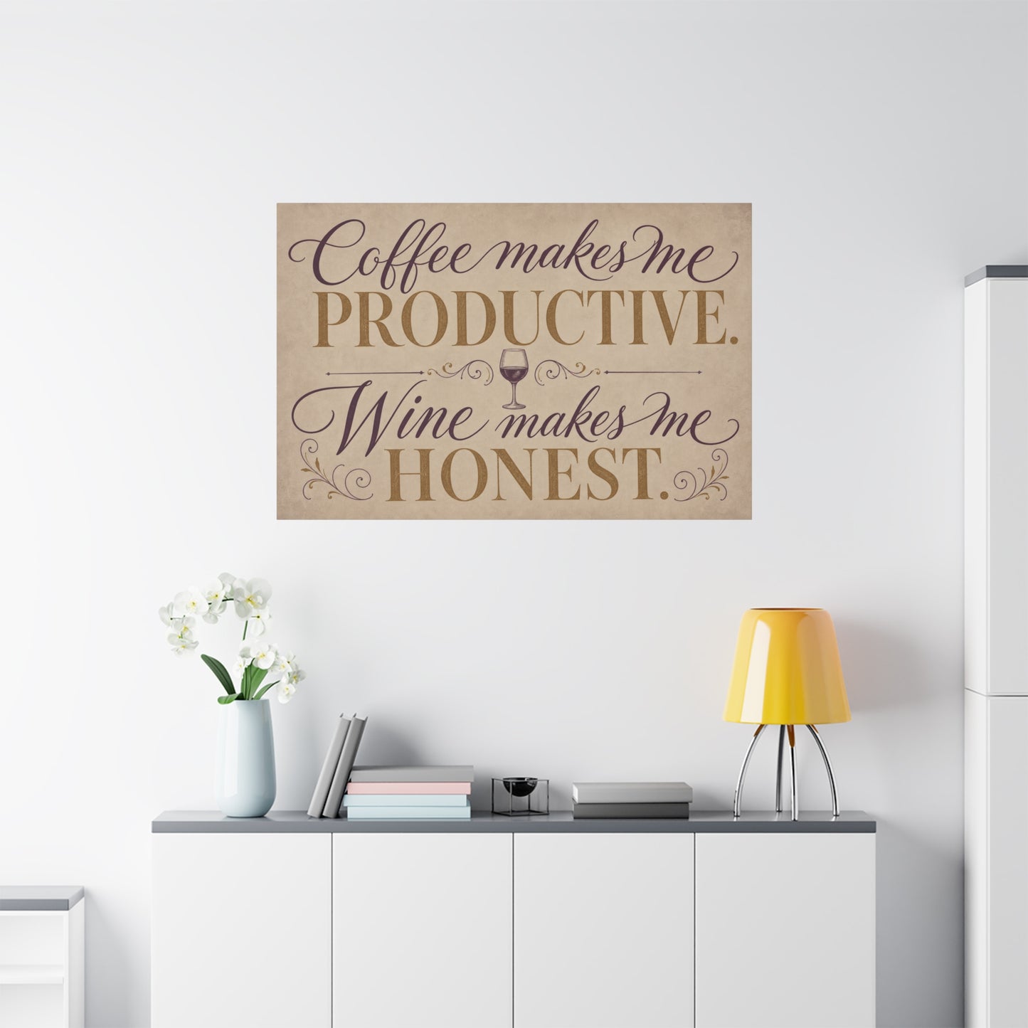 "Coffee Makes Me Productive. Wine Makes Me Honest." Canvas Wall Art - Vintage Typography Decor - Rustic Neutral Quote Print - Bar Cart Accent - Office Wall Art - Coffee Shop Decor - Espresso Bar Sign