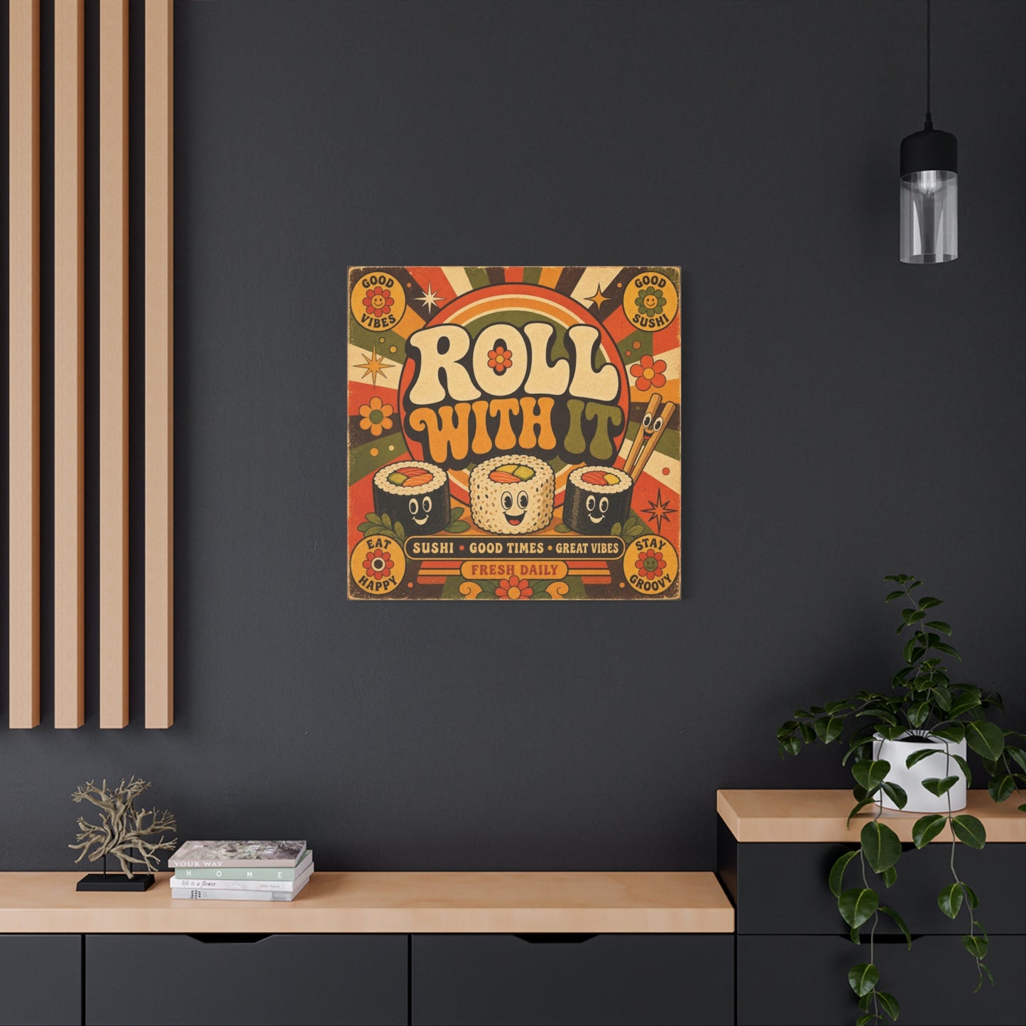 "Roll With It" Sushi Canvas Wall Art - Retro Typography Food Illustration, Groovy Orange Green Bohemian Print, Cafe Wall Decor, Kitchen Room Decoration, Vintage Poster Style - Bedroom Home Decoration