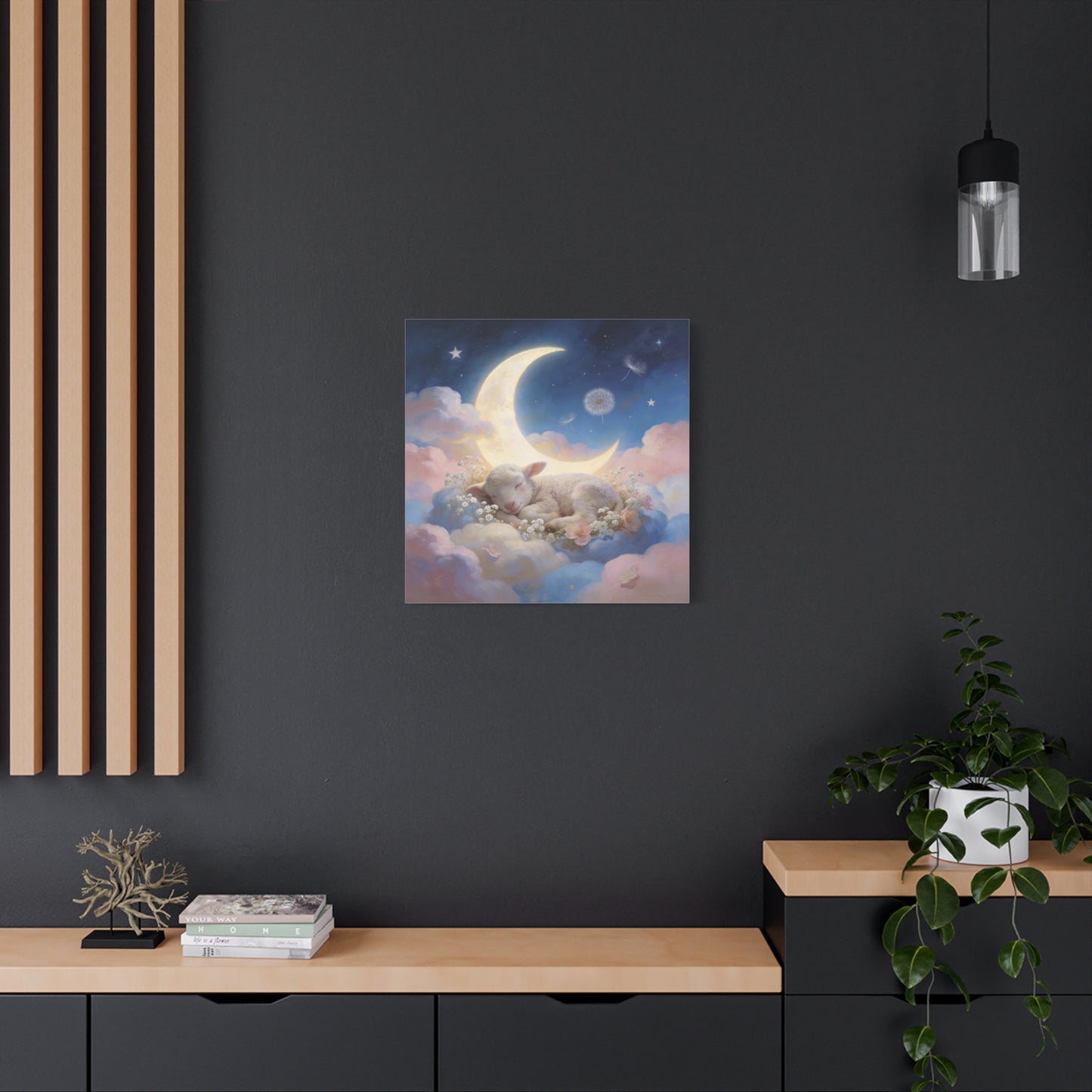Sleeping Lamb Canvas Wall Art - Crescent Moon, Stars, Pink Clouds Nursery Decor - Dreamy Pastel Canvas Print - Whimsical Storybook Style - Bedroom Home Decoration, Kids Room Accent - Office Wall Art