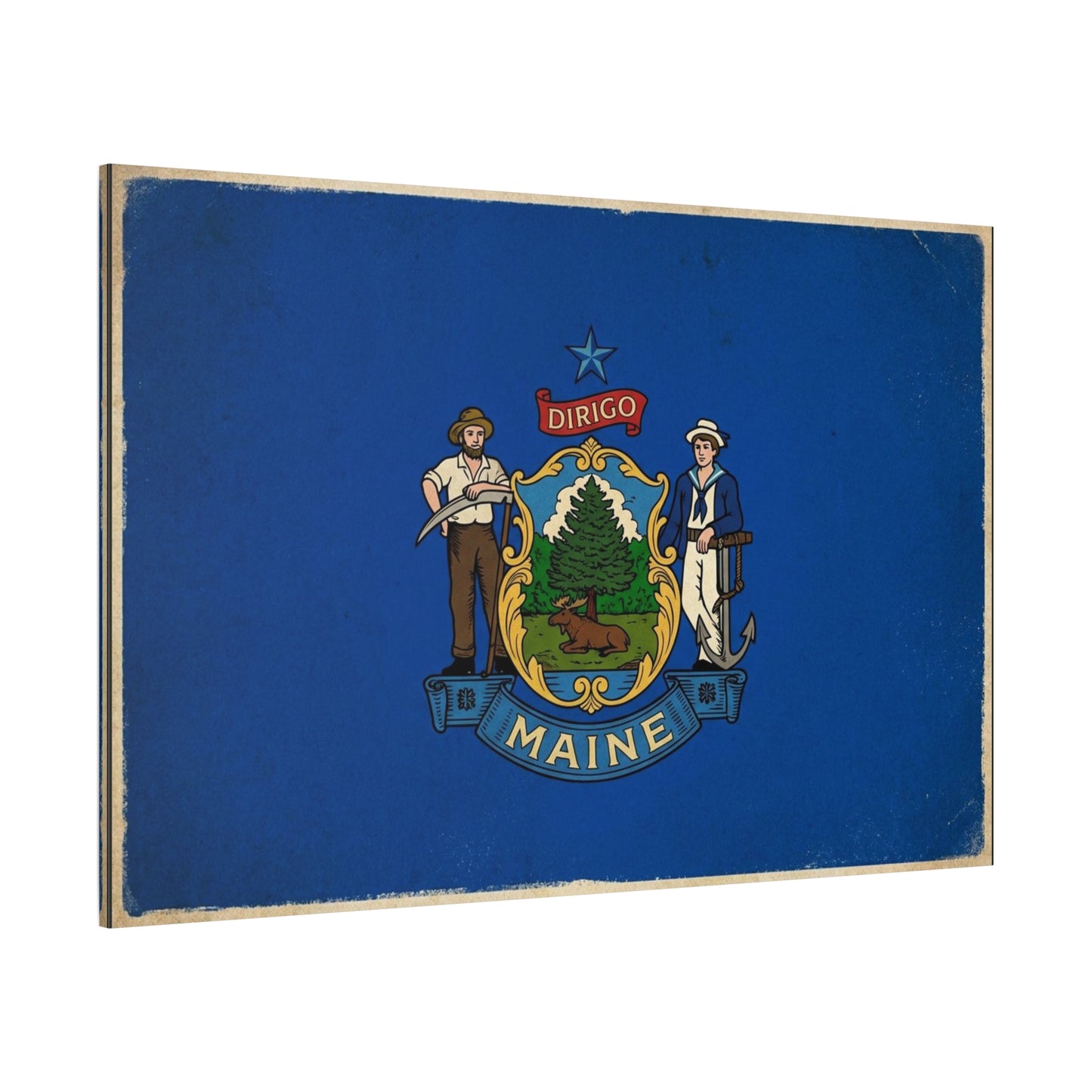 Maine State Flag Canvas Wall Art - Dirigo Vintage Blue Flag Print, Rustic Patriotic Decor - Distressed Illustration Style - Living Room Wall Decor, Office Art Accent - Bedroom Home Decoration