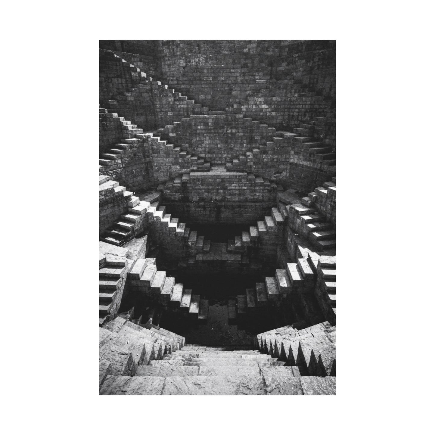 Black And White Stepwell Canvas Wall Art - Architectural Staircase Art Print, Moody Monochrome Stone Geometry - Contemporary Wall Decor For Living Room, Office, Entryway - Ready to Hang