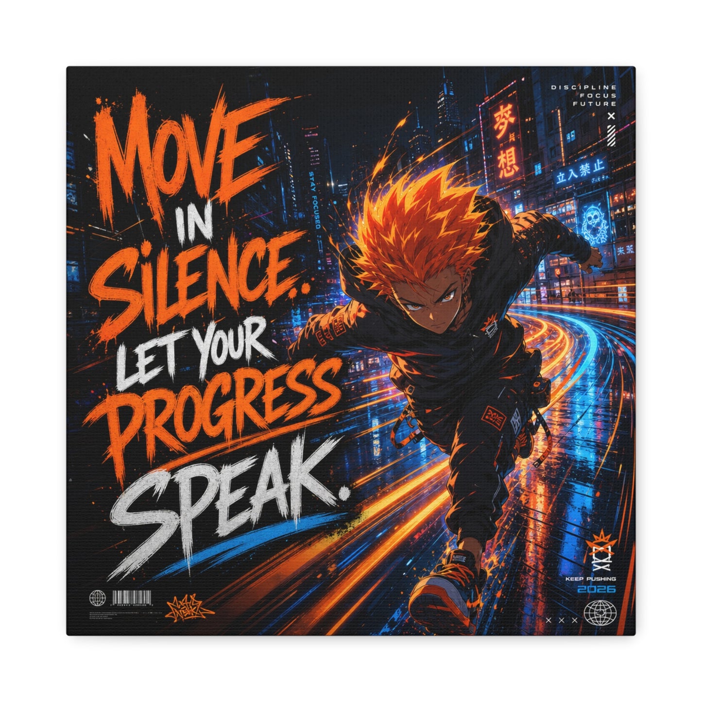 "Move In Silence Let Your Progress Speak" Anime Canvas Wall Art - Cyberpunk Runner Motivational Quote Print, Neon City Street Illustration - Teen Bedroom Decor, Home Office Accent - Office Wall Art