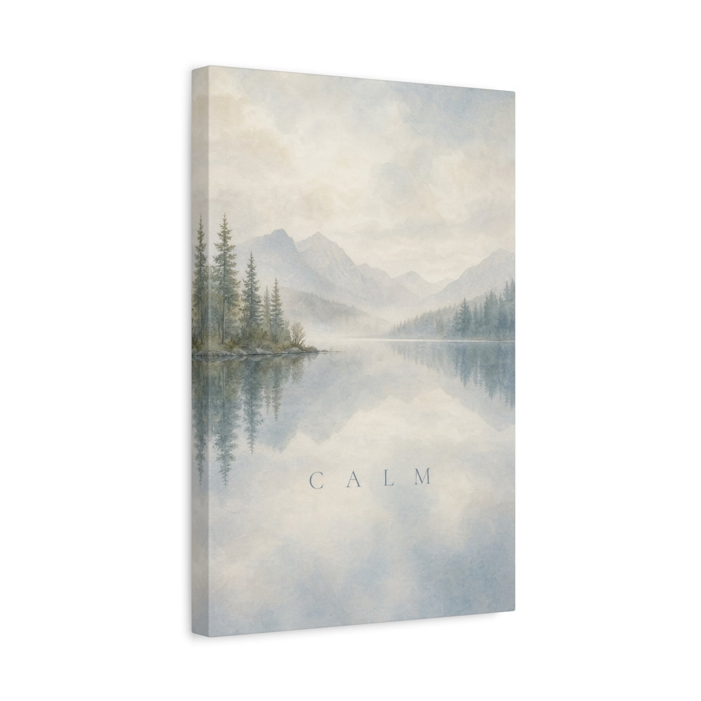 "Calm" Mountain Lake Canvas Wall Art - Misty Pine Forest Reflection Print - Serene Blue Landscape - Minimalist Nature Decor - Bedroom Home Decoration, Meditation Space - Living Room Wall Decor