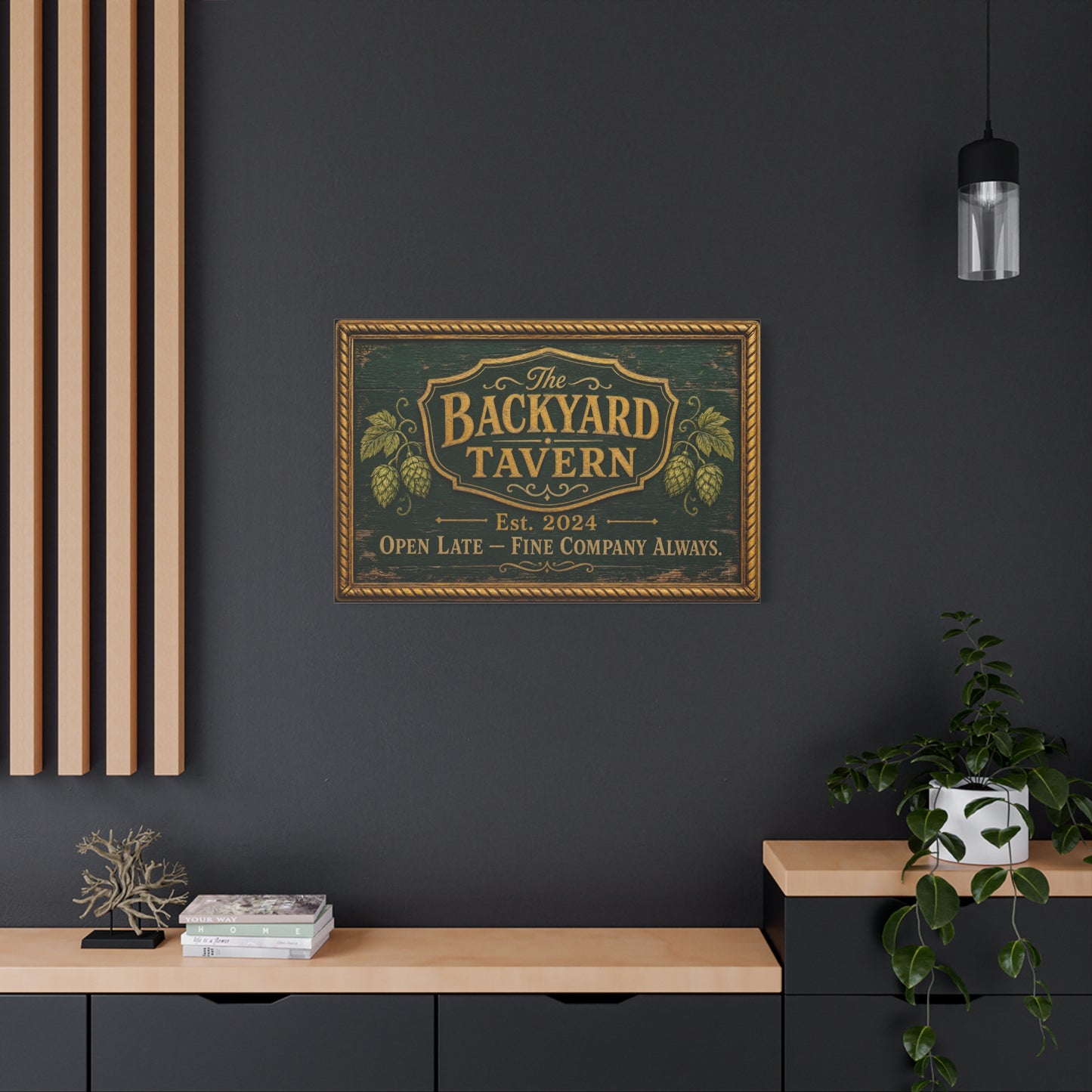 "The Backyard Tavern" Canvas Wall Art - Vintage Pub Sign, Rustic Typography Decor - Green And Gold Tavern Style Print, Bar Room Wall Decor - Ready to Hang - Ready to Hang - Speakeasy Style Sign
