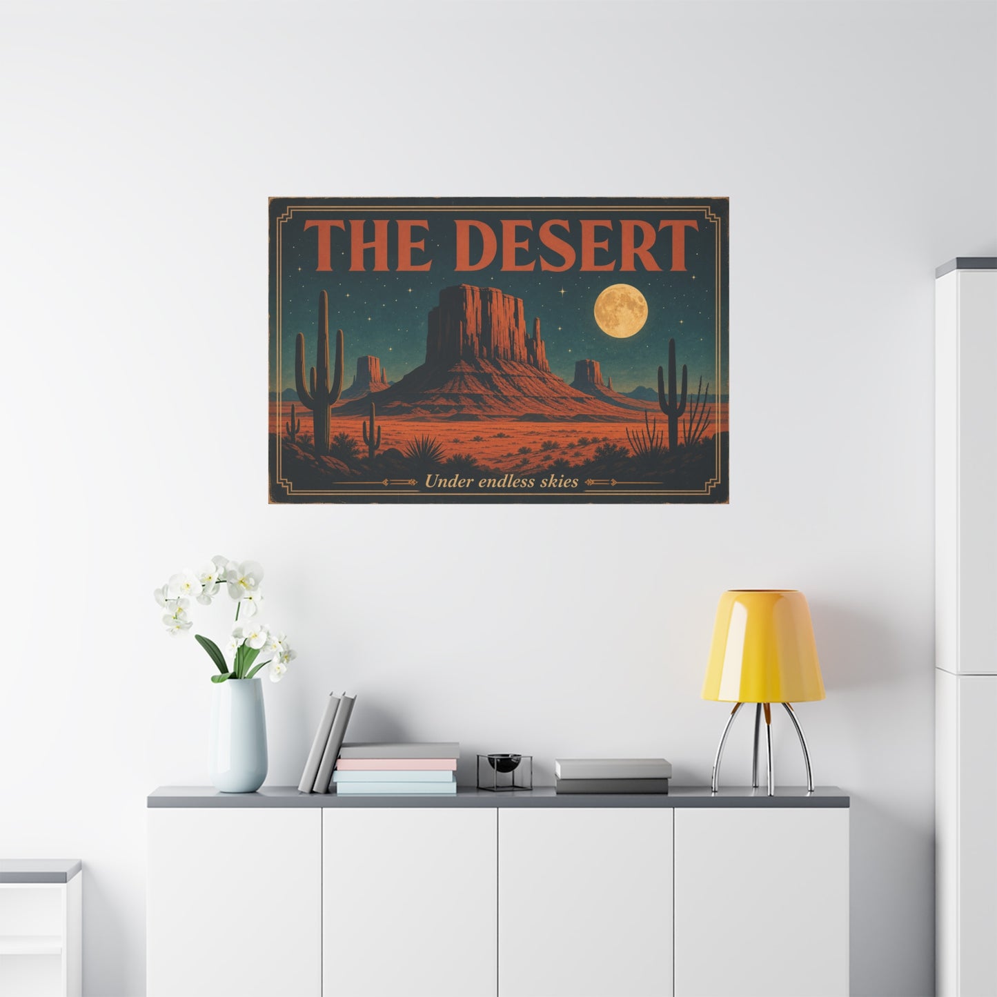 "THE DESERT" Canvas Wall Art - Moonlit Saguaro Desert Mesa Landscape, "Under endless skies" - Vintage Southwest Poster Style, Living Room Wall Decor, Bedroom Home Decoration - Bedroom Home Decoration