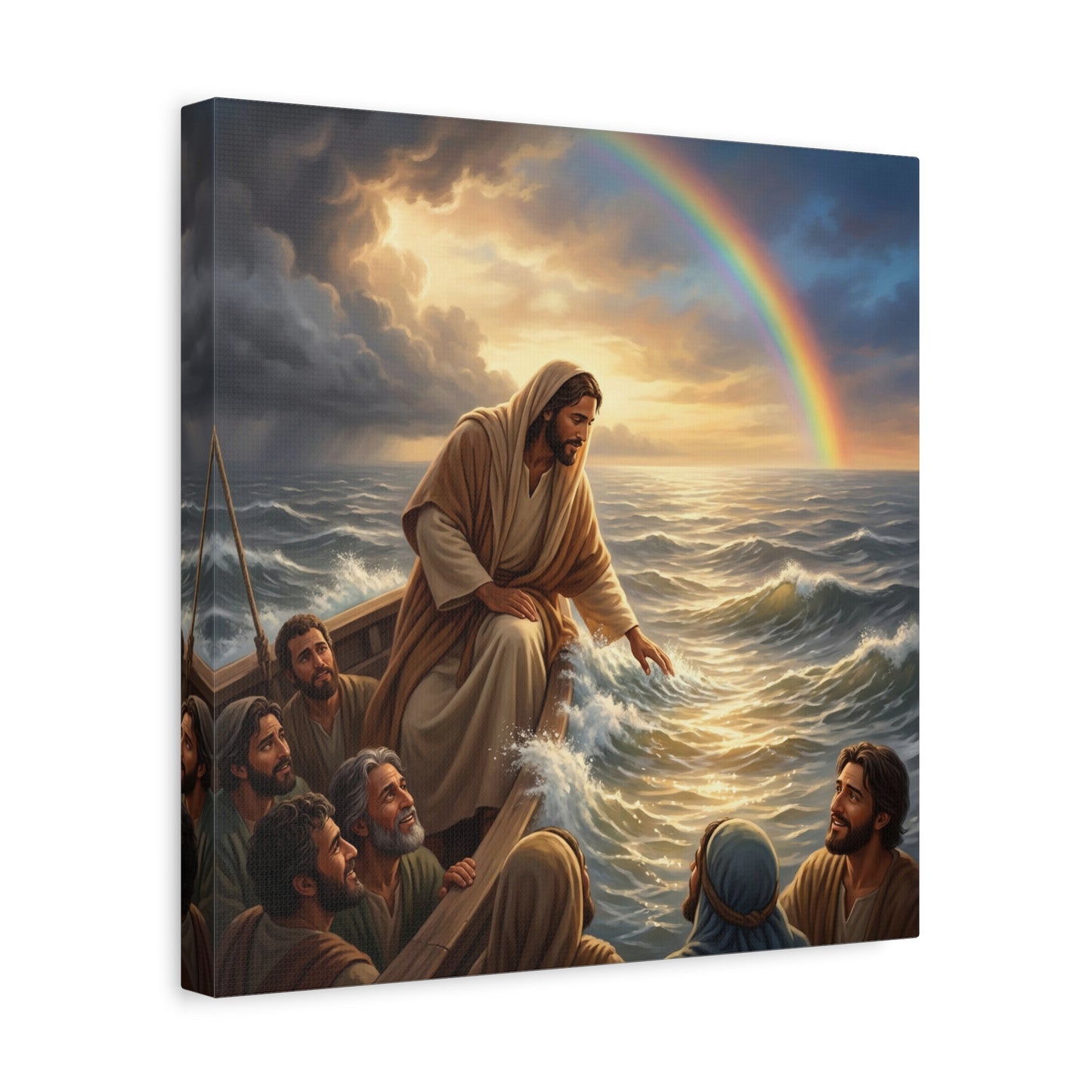 Jesus Christ Walking On Water Canvas Wall Art - Rainbow Over Stormy Sea, Disciples In Boat - Matte Cotton Print - Traditional Religious Style - Living Room Wall Decor - Bedroom Home Decoration
