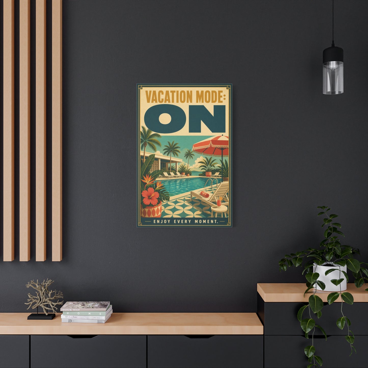 "Vacation Mode: On" Tropical Poolside Canvas Wall Art - Retro Resort Poster Print, Palm Tree Coastal Decor, Vintage Travel Style, Living Room Wall Decor, Vacation Rental Decoration - Ready to Hang