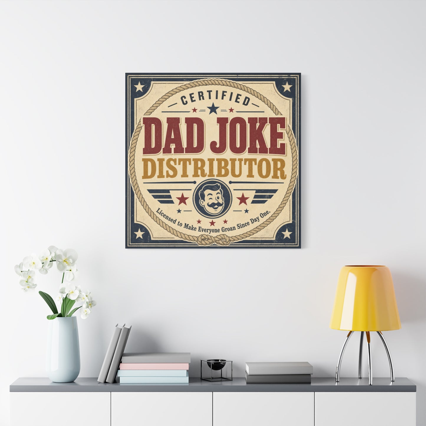 "Dad Joke Distributor" Funny Canvas Wall Art - Vintage Typography Humor Print, Retro Patriotic Stars And Mustache Illustration - Farmhouse Office Decor, Man Cave Wall Hanging - Bedroom Home Decoration