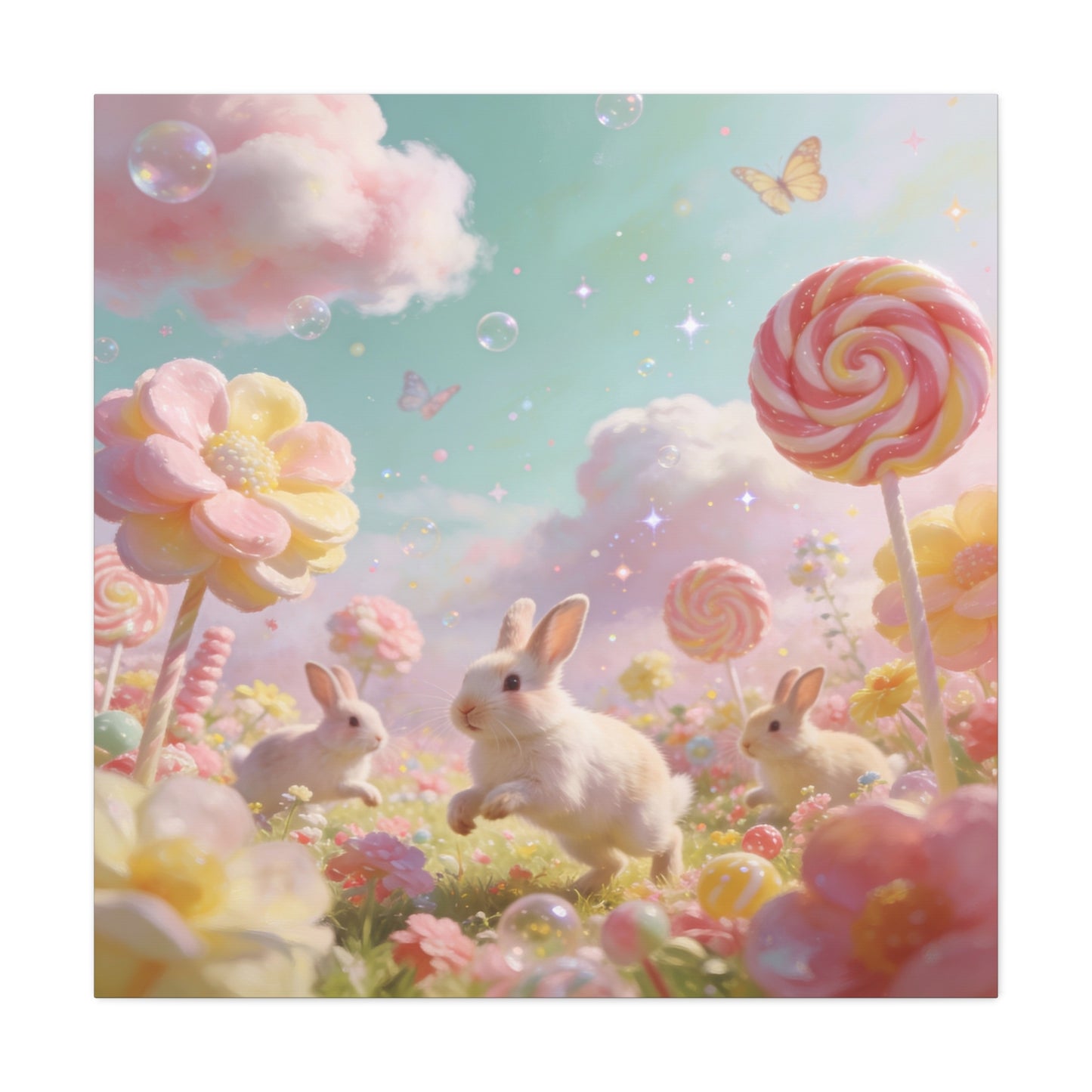 Bunny Candyland Canvas Wall Art - Pastel Rabbit Meadow, Lollipop Flowers, Dreamy Nursery Wall Decor - Whimsical Illustration - Bedroom Home Decoration, Kids Room Accent - Bedroom Home Decoration