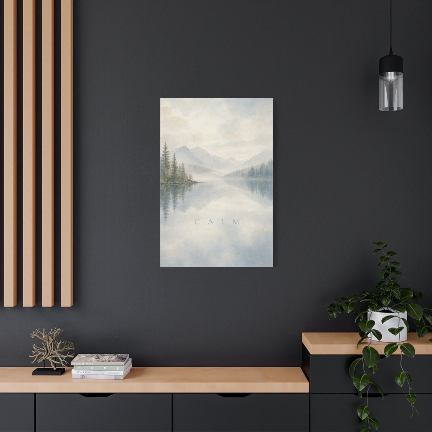 "Calm" Mountain Lake Canvas Wall Art - Misty Pine Forest Reflection Print - Serene Blue Landscape - Minimalist Nature Decor - Bedroom Home Decoration, Meditation Space - Living Room Wall Decor