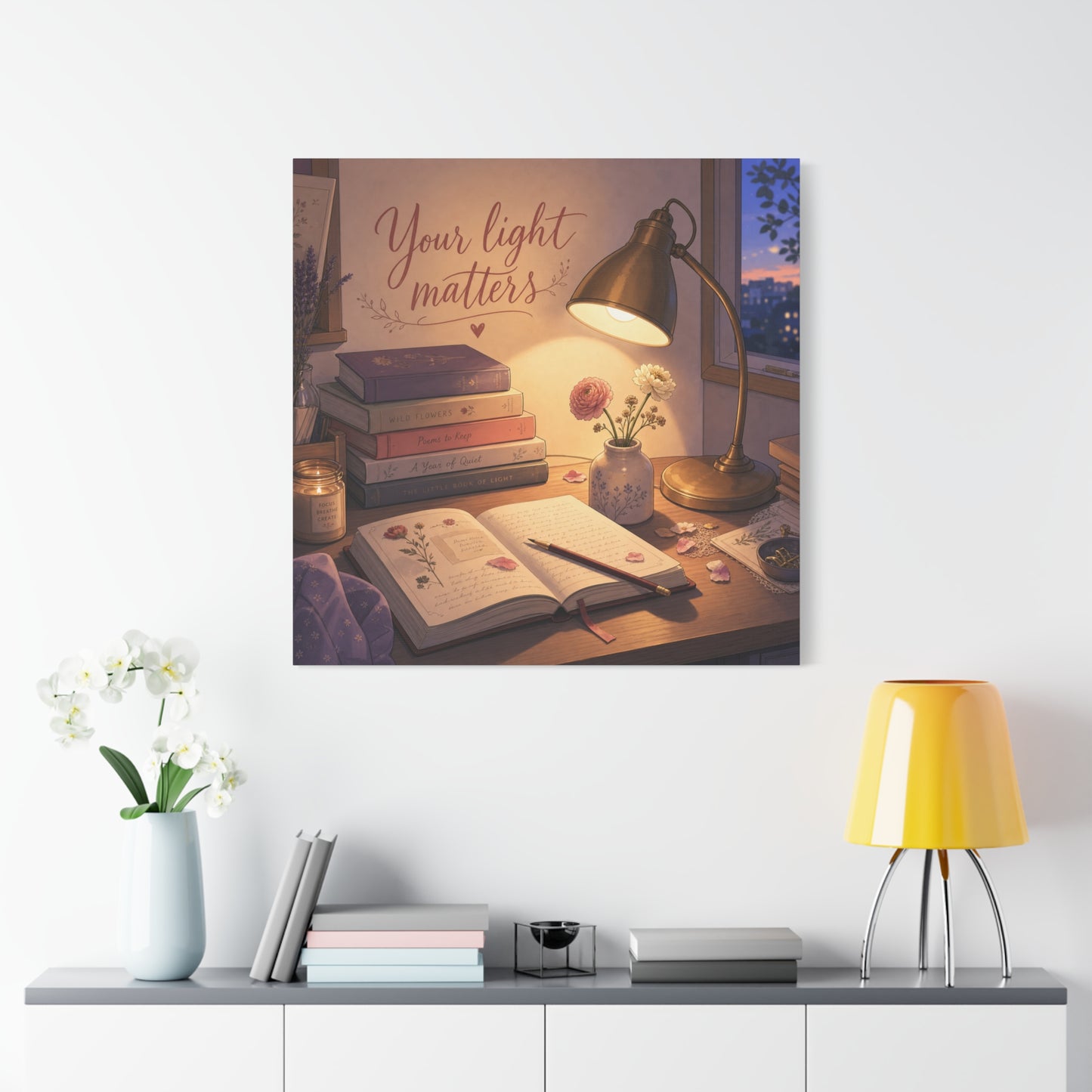 "Your Light Matters" Inspirational Canvas Wall Art - Cozy Desk Lamp Books Floral Print - Warm Vintage Bedroom Wall Decor - Reading Nook Home Decoration - Ready to Hang - Bedroom Home Decoration