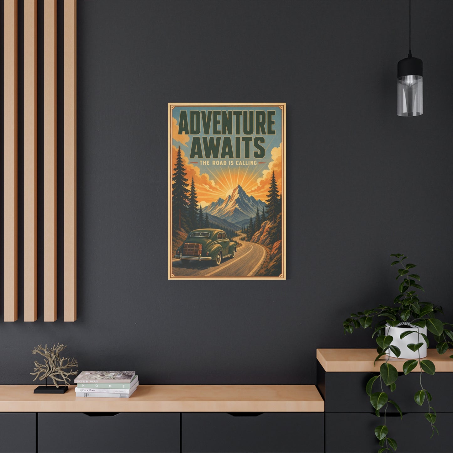 "Adventure Awaits The Road Is Calling" Vintage Travel Canvas Wall Art - Mountain Road Sunrise, Retro Car Poster Print - Adventure Decor, Living Room Wall Decor, Office Art - Bedroom Home Decoration
