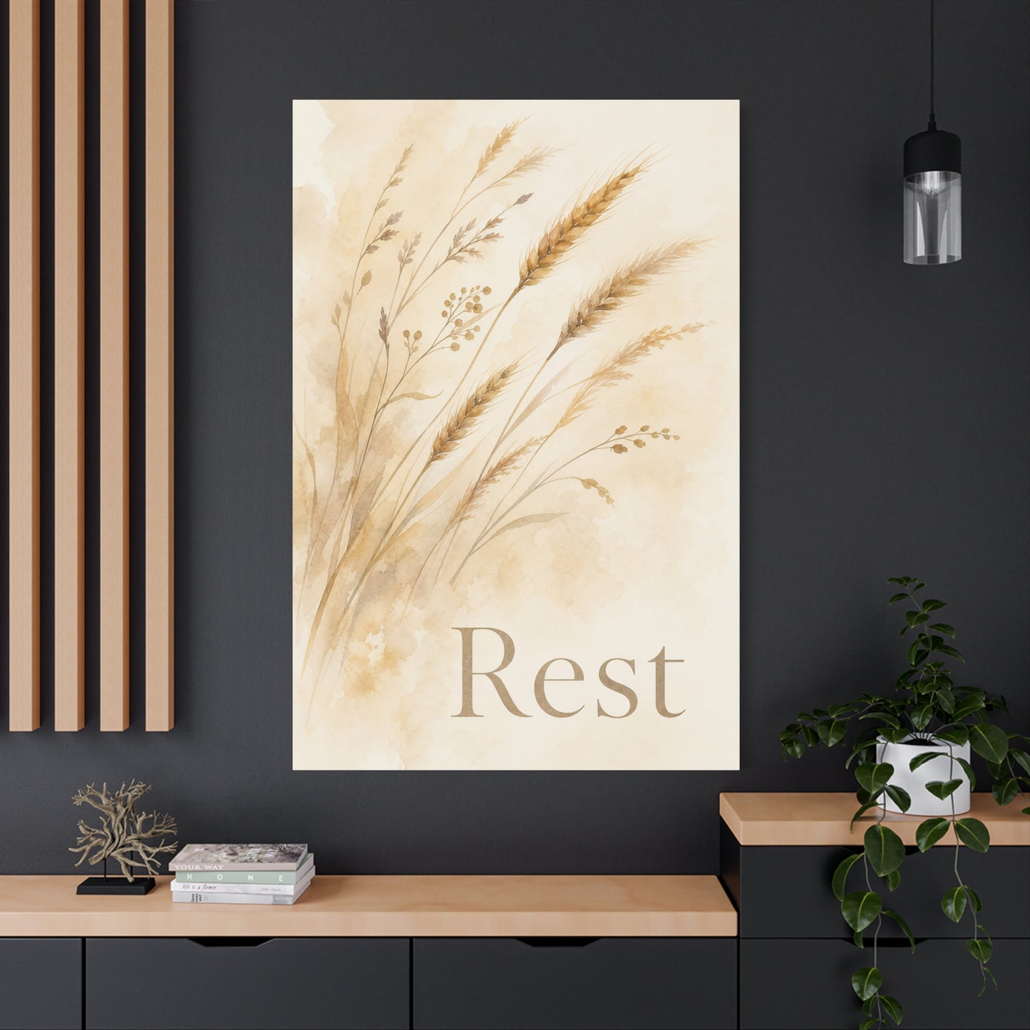 "Rest" Botanical Canvas Wall Art - Neutral Wheat Grass Watercolor Print - Minimalist Beige Farmhouse Decor - Bedroom Wall Hanging - Living Room Home Decoration - Meditation Space Accent