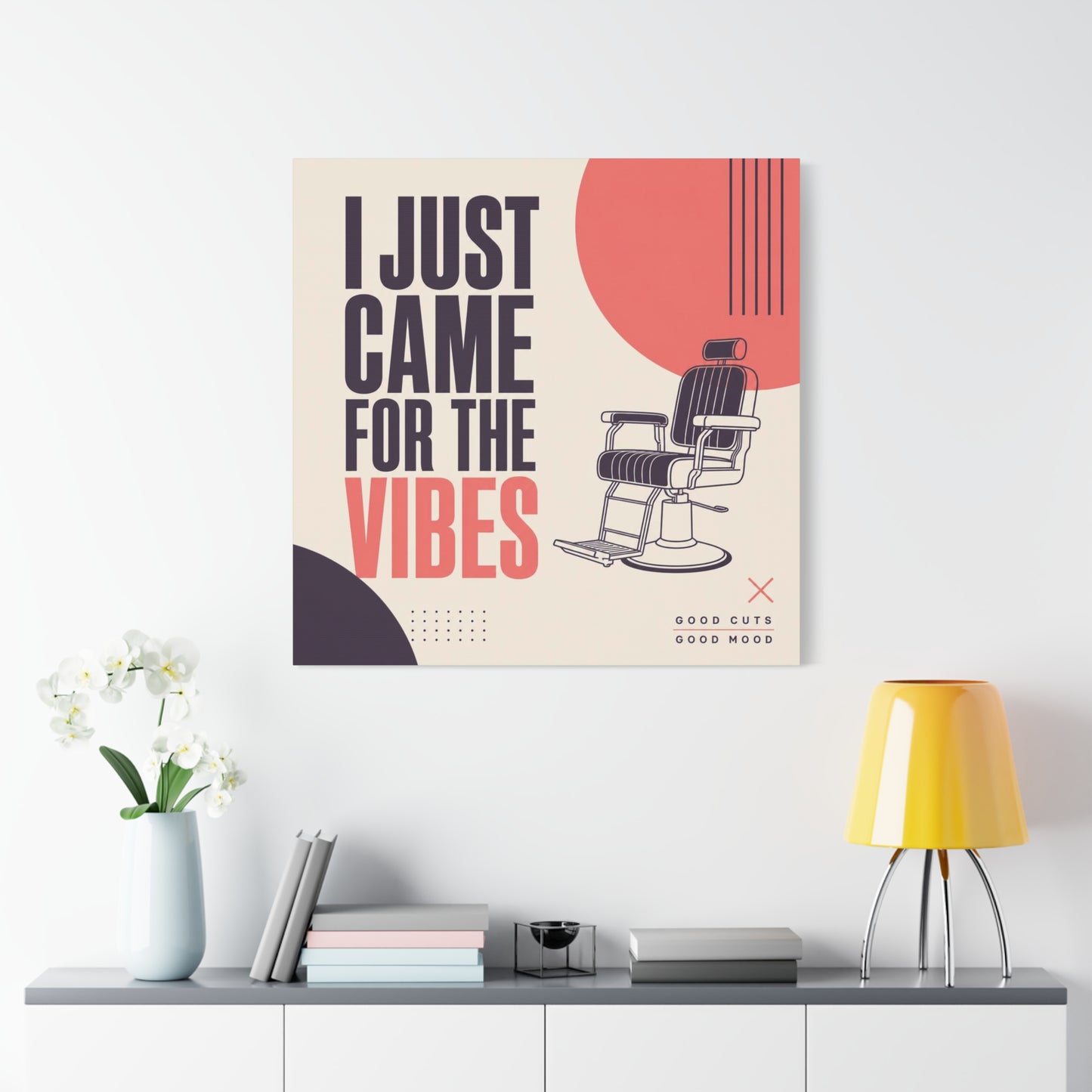 "I Just Came For The Vibes" Typography Canvas Wall Art - Barber Chair Line Illustration, Coral And Black Modern Salon Wall Decor - Minimalist Quote Print For Barbershop Lobby Workspace - Ready to Hang