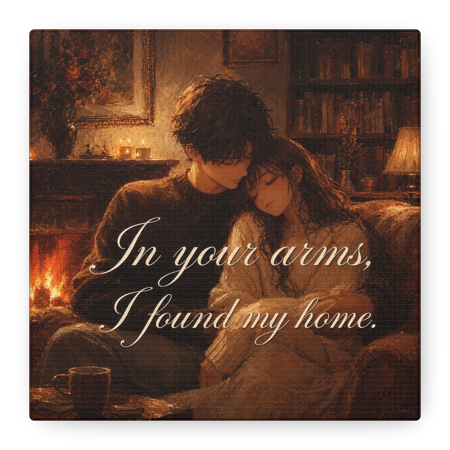 "In Your Arms, I Found My Home" Romantic Couple Canvas Wall Art - Cozy Fireplace Library Scene, Warm Vintage Style - Bedroom Home Decoration, Living Room Accent - Ready to Hang - Office Wall Art