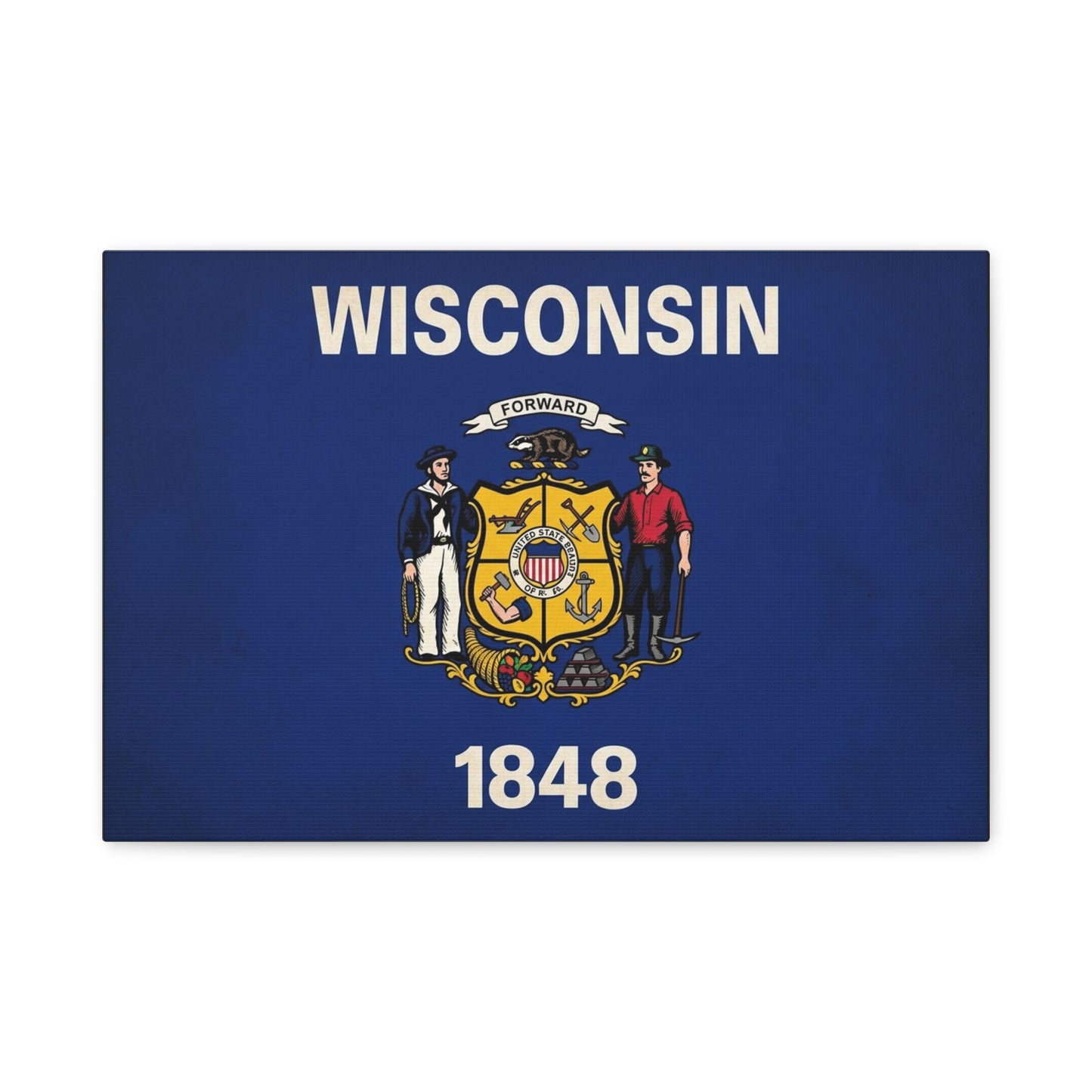 "Wisconsin" 1848 State Flag Canvas Wall Art - Wisconsin Pride Decor, Vintage Typography Banner Print - Patriotic Blue Wall Decor - Living Room Home Decoration - Ready to Hang - Bedroom Home Decoration