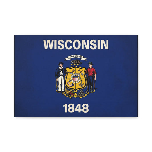 "Wisconsin" 1848 State Flag Canvas Wall Art - Wisconsin Pride Decor, Vintage Typography Banner Print - Patriotic Blue Wall Decor - Living Room Home Decoration - Ready to Hang - Bedroom Home Decoration