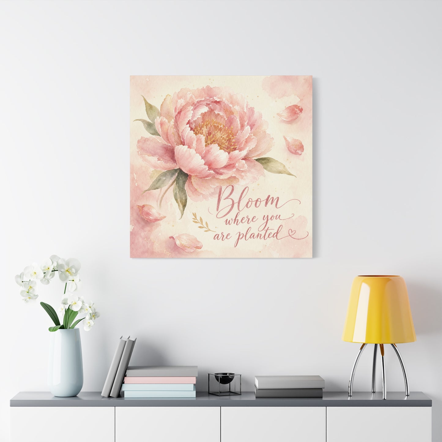 "Bloom Where You Are Planted" Peony Canvas Wall Art - Pink Watercolor Floral Quote Print, Soft Botanical Decor, Bedroom Wall Hanging, Feminine Farmhouse Style - Bedroom Home Decoration - Ready to Hang