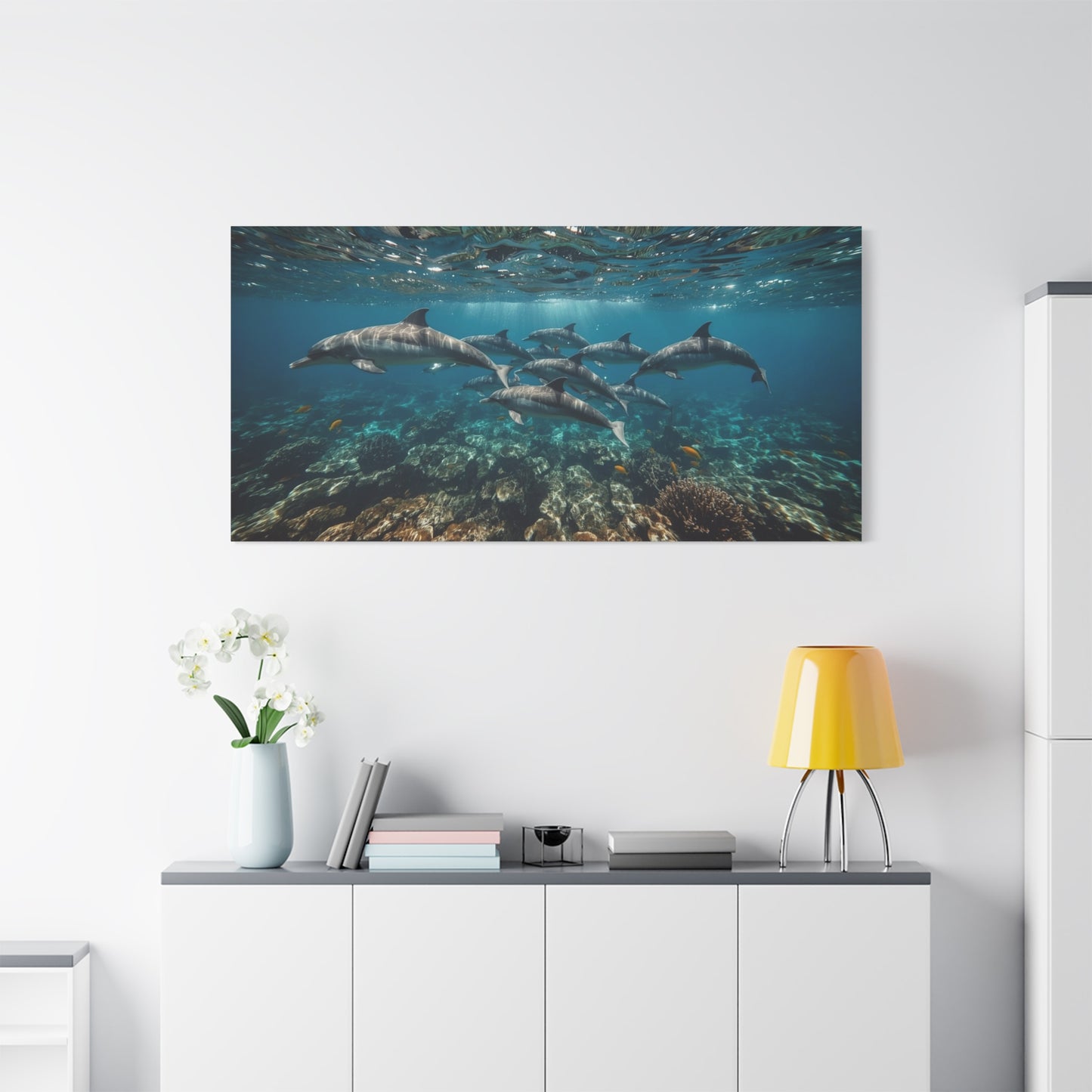 Dolphin School Canvas Wall Art - Underwater Ocean Art Print, Blue Coastal Decor - Matte Canvas Print, Contemporary Seascape Style - Living Room Wall Decor, Bedroom Home Decoration - Ready to Hang