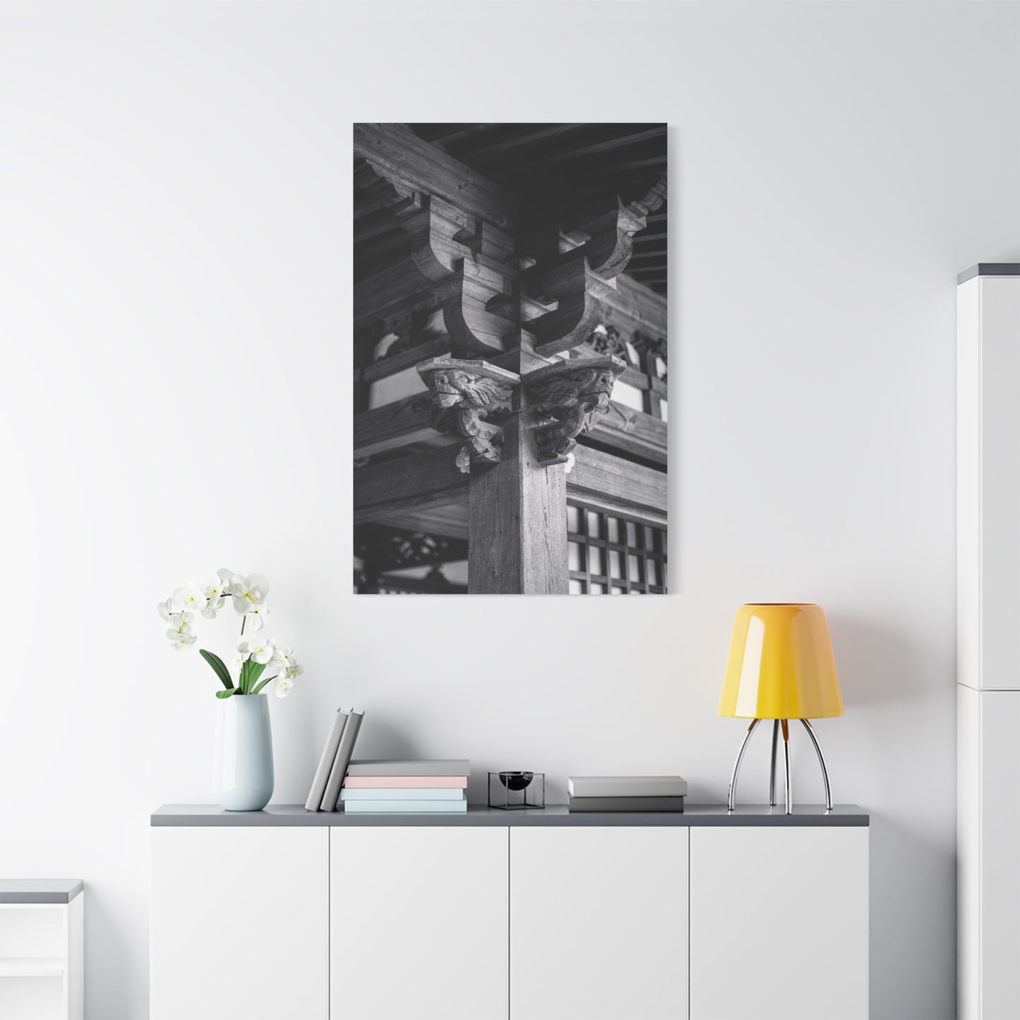 Japanese Temple Architecture Canvas Wall Art - Black And White Wooden Carved Bracket Art Print - Traditional Zen Style - Living Room Wall Decor, Bedroom Home Decoration - Bedroom Home Decoration