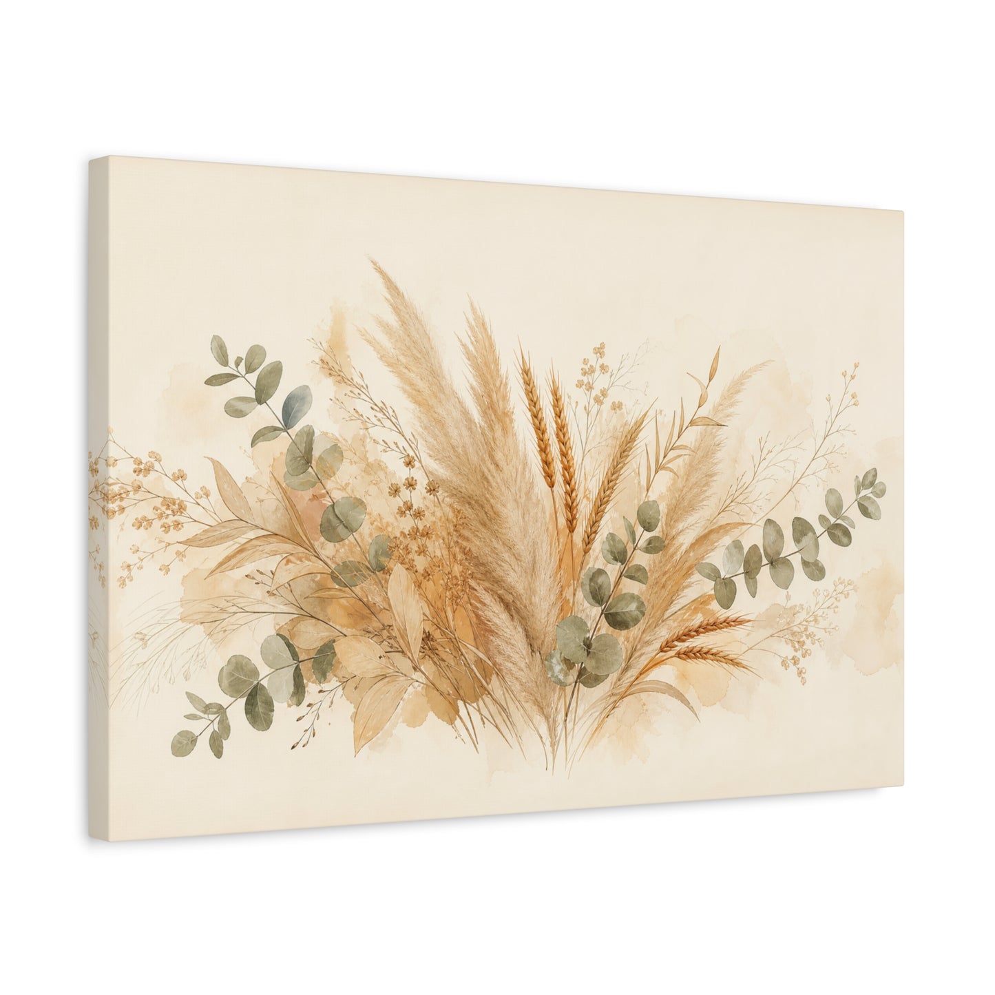 Neutral Botanical Canvas Wall Art - Pampas Grass, Wheat Stems, Eucalyptus Print - Soft Beige Sage Floral Composition - Modern Farmhouse Style - Living Room Wall Decor, Bedroom Home Decoration