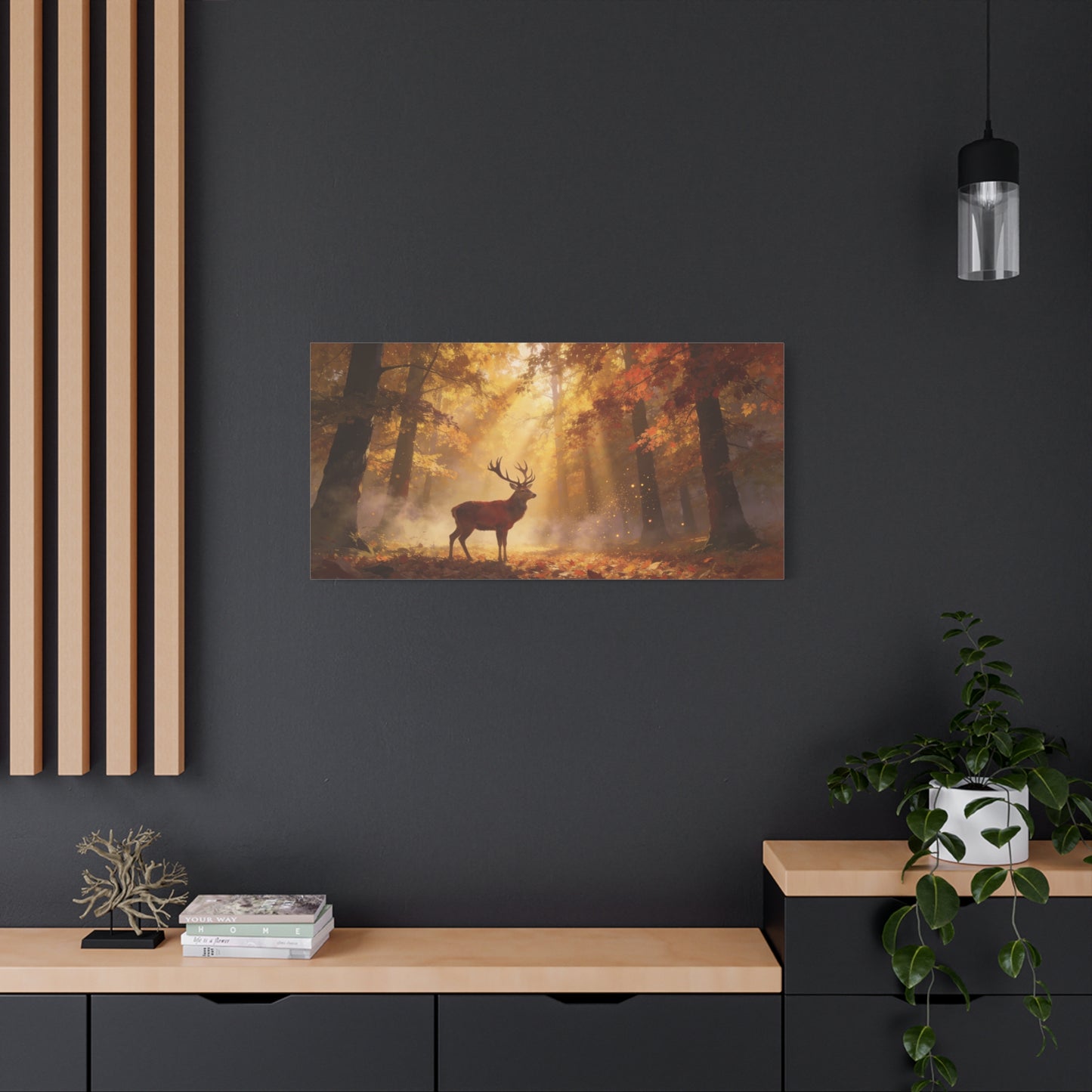 Stag Forest Canvas Wall Art - Golden Sunbeams, Misty Autumn Woodland - Matte Canvas Print - Rustic Nature Style - Living Room Wall Decor, Bedroom Home Decoration, Office Art - Bedroom Home Decoration