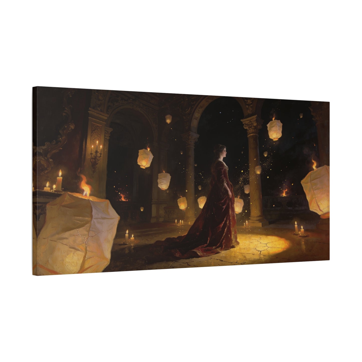 Woman In Candlelit Palace Canvas Wall Art - Floating Lantern Fantasy Scene, Dark Romantic Matte Canvas Print - Traditional Style, Living Room Wall Decor, Bedroom Home Accent - Bedroom Home Decoration