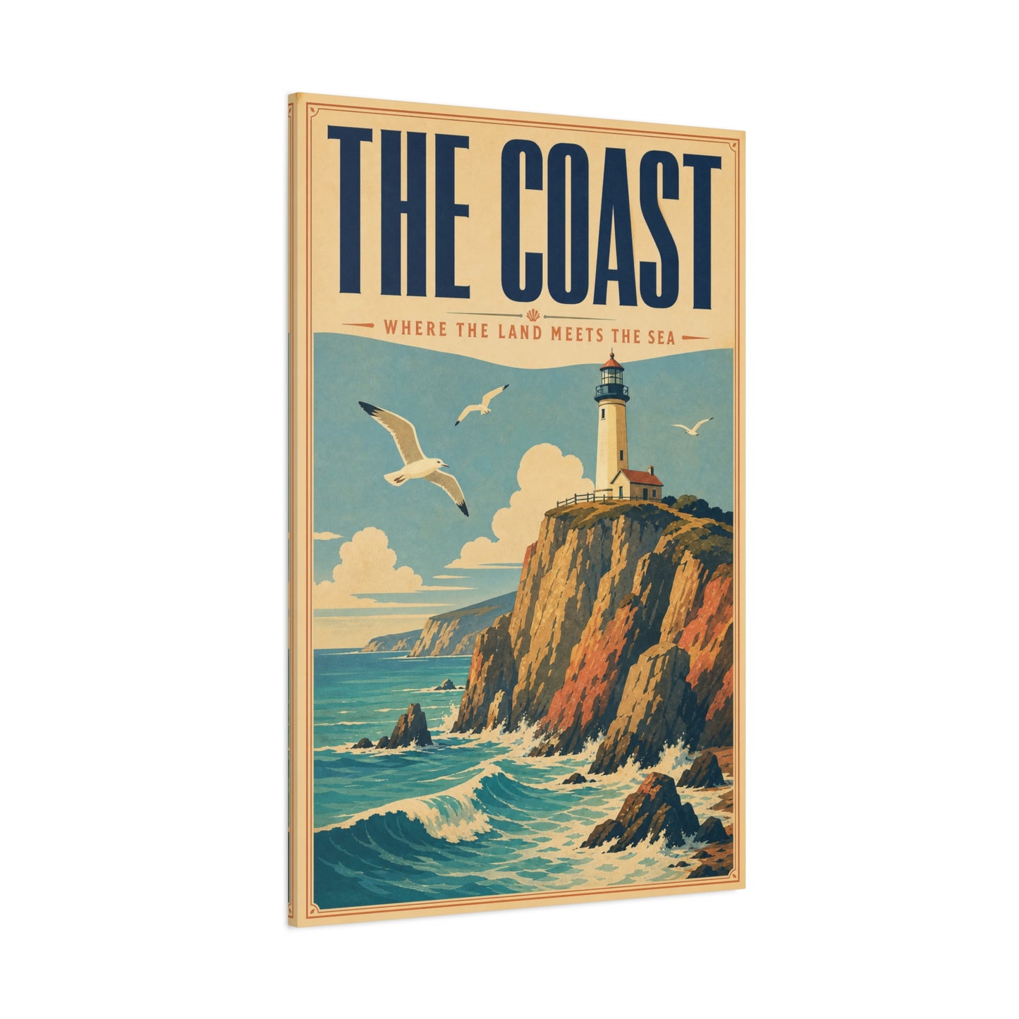 "The Coast Where The Land Meets The Sea" Canvas Wall Art - Vintage Lighthouse Seascape, Coastal Cliff Poster Style Print - Nautical Wall Decor, Beach House Living Room Decoration - Ready to Hang