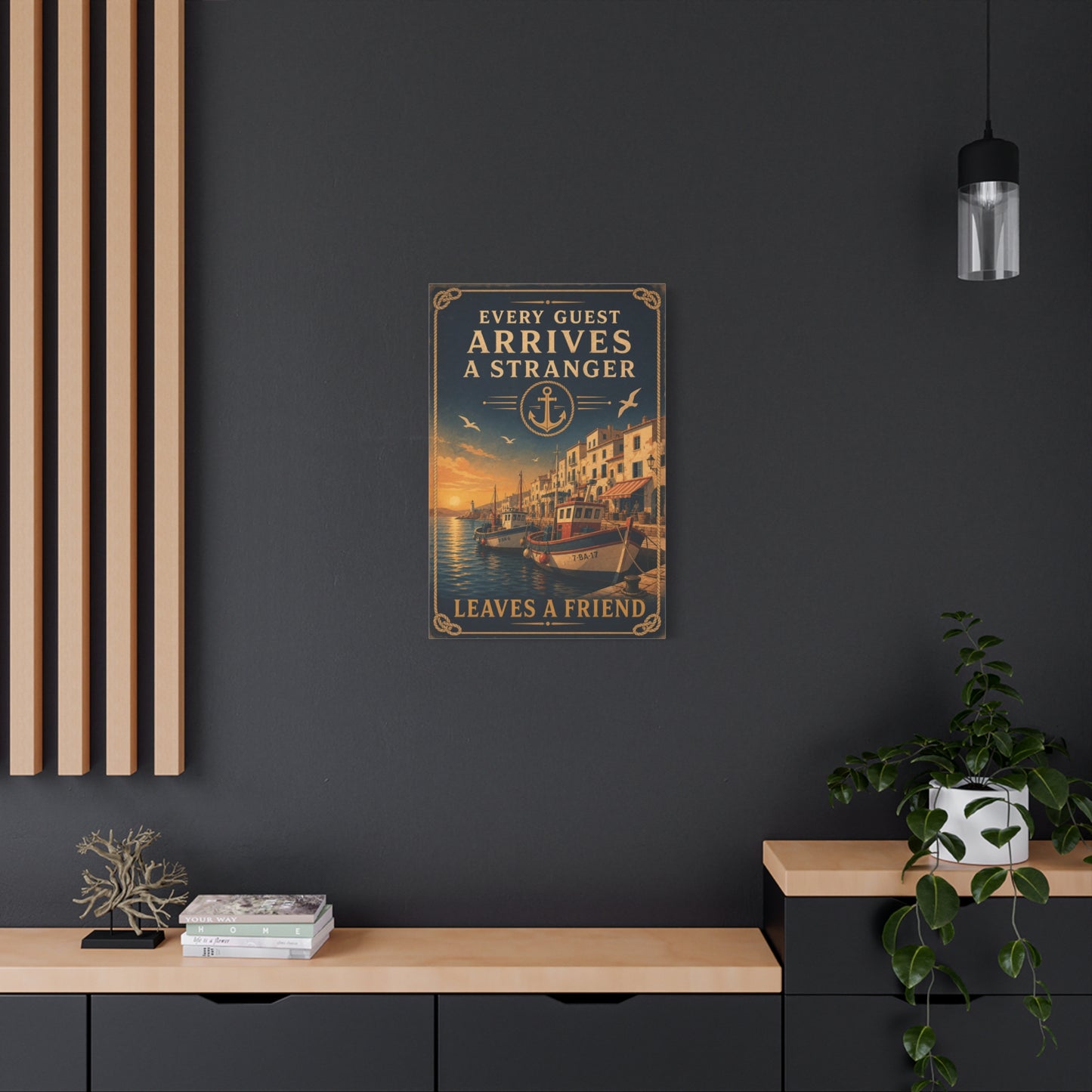 "Every Guest Arrives A Stranger Leaves A Friend" Nautical Canvas Wall Art - Vintage Harbor Sunset, Coastal Typography Print, Anchor Sailor Decor, Living Room Wall Decor - Bedroom Home Decoration