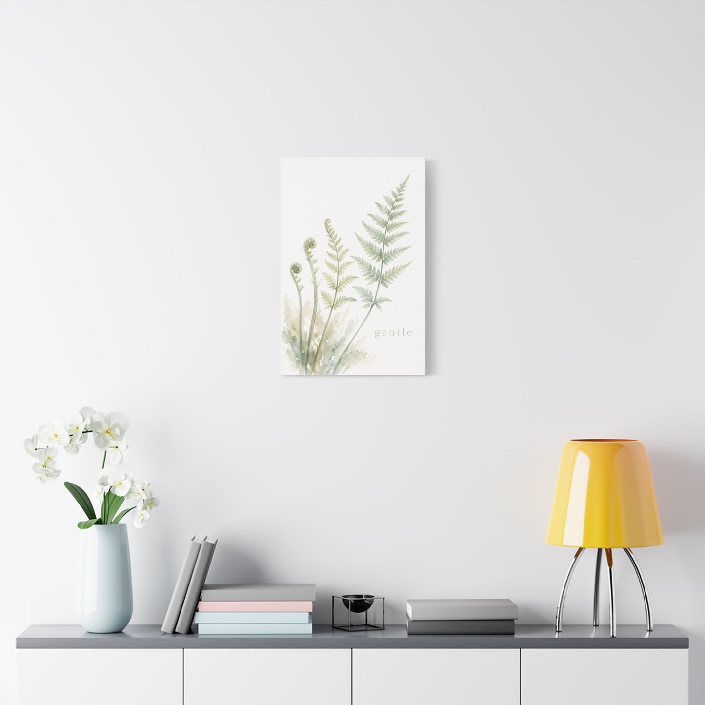 "Gentle" Fern Botanical Canvas Wall Art - Watercolor Green Leaf Print, Minimalist Nature Decor - Calming Bedroom Wall Decor, Bathroom Decoration, Spa Style Home Accent - Bedroom Home Decoration