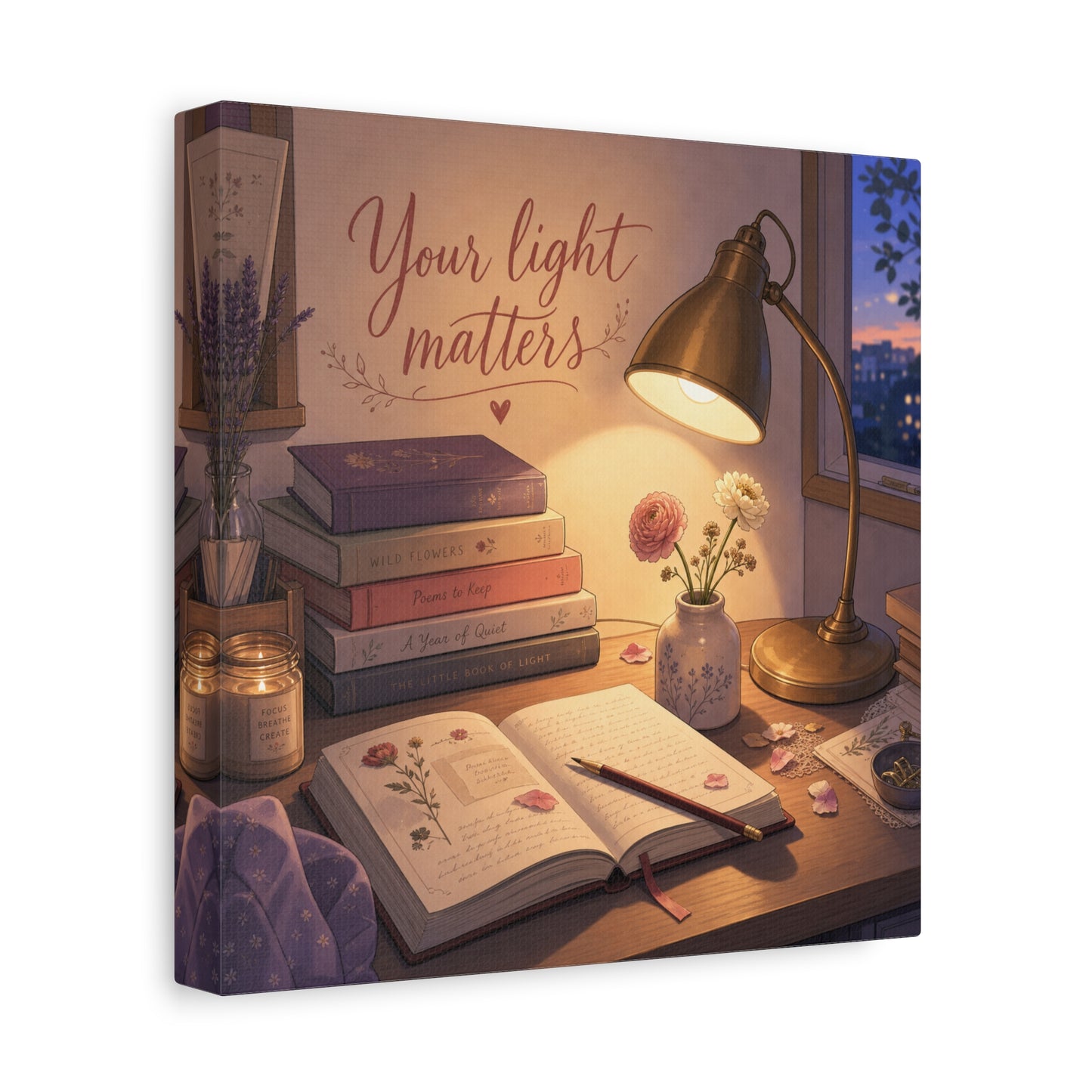 "Your Light Matters" Inspirational Canvas Wall Art - Cozy Desk Lamp Books Floral Print - Warm Vintage Bedroom Wall Decor - Reading Nook Home Decoration - Ready to Hang - Bedroom Home Decoration