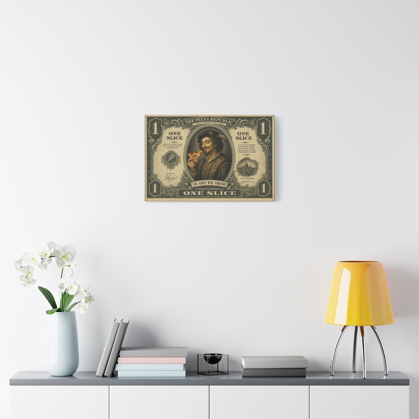 "The Pizza Republic" One Slice Vintage Canvas Wall Art - Renaissance Pizza Portrait, Typography Money Note Design - Matte Cotton Print - Kitchen Decor, Cafe Wall Decor - Bedroom Home Decoration