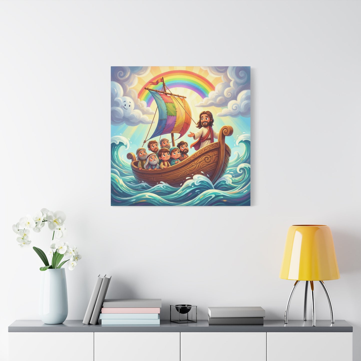 Jesus Boat Canvas Wall Art - Rainbow Sail, Disciples At Sea, Christian Nursery Decor - Matte Cotton Print - Whimsical Religious Style For Kids Bedroom Playroom Home Decoration - Living Room Wall Decor