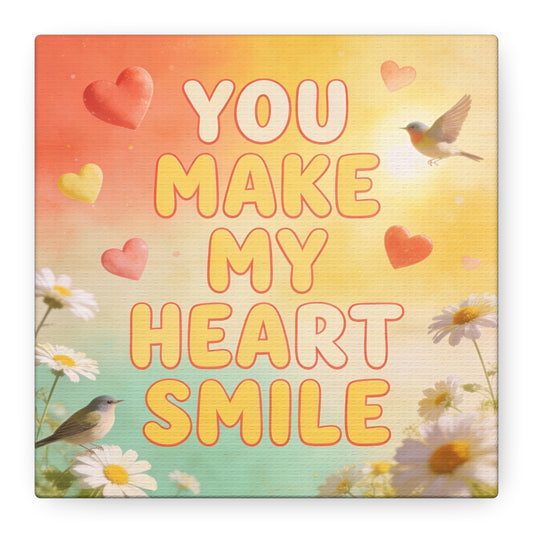 "You Make My Heart Smile" Inspirational Canvas Wall Art - Daisy And Songbird Quote Print, Pastel Typography Decor, Cheerful Bedroom Wall Hanging, Nursery Home Accent - Bedroom Home Decoration