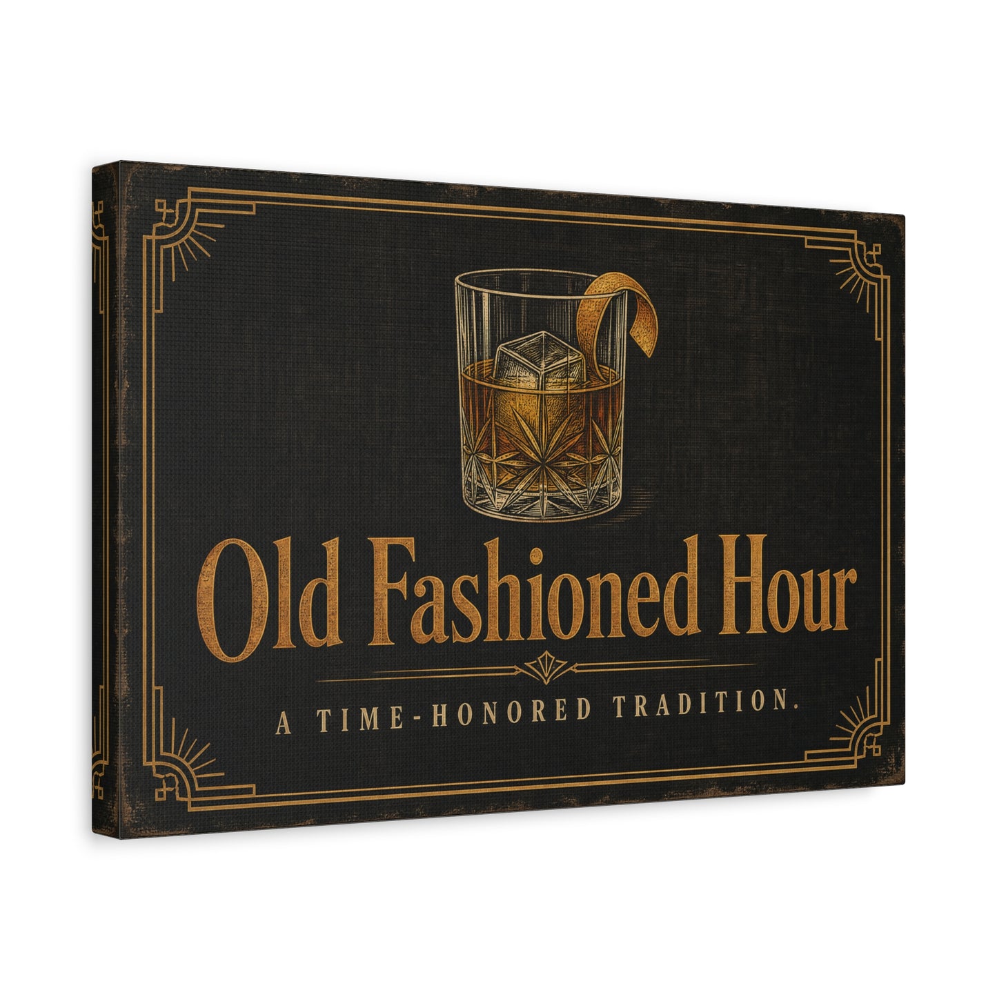 "Old Fashioned Hour" Canvas Wall Art - Vintage Whiskey Glass Quote Print, Art Deco Bar Cart Decor - Matte Cotton Wall Hanging - Speakeasy Lounge Style, Home Bar - Ready to Hang - Cocktail Lounge Decor