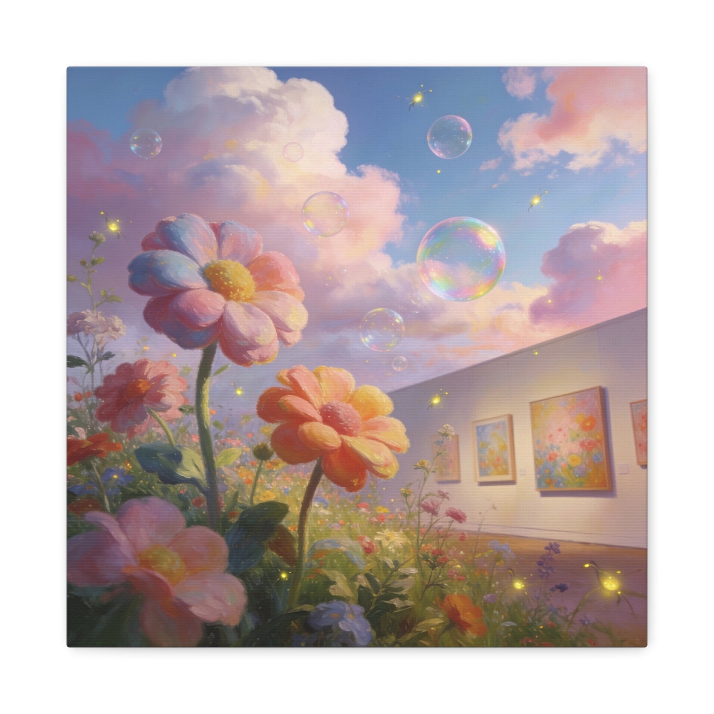Dreamy Floral Canvas Wall Art - Pastel Wildflower Sky With Iridescent Bubbles, Firefly Glow - Whimsical Matte Canvas Print - Contemporary Bedroom Wall Decor, Living Room Accent - Cozy Reading Nook Art