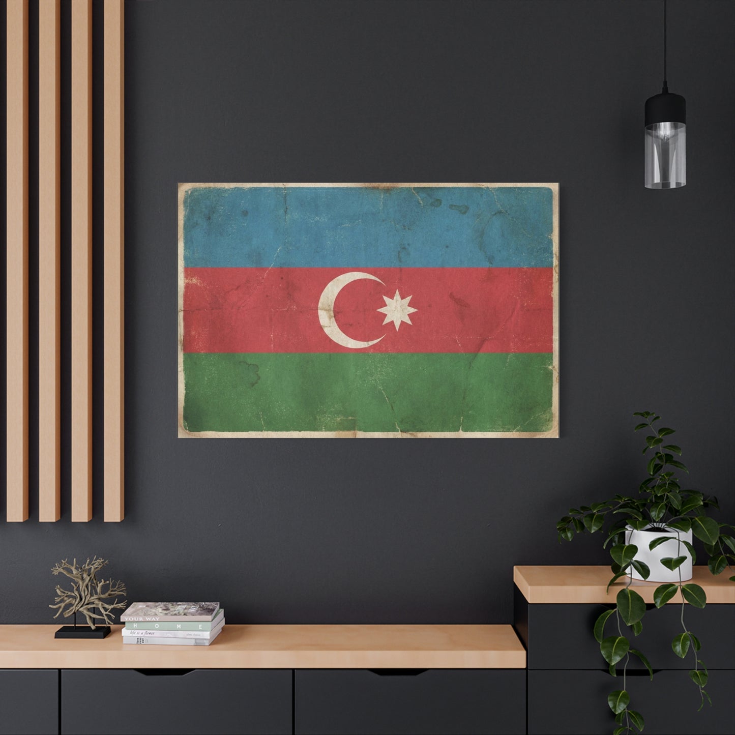 Azerbaijan Flag Canvas Wall Art - Vintage Distressed Crescent Star Print - Patriotic Heritage Decor, Rustic Style, Living Room Wall Decor, Office Art - Bedroom Home Decoration - Modern Farmhouse Style